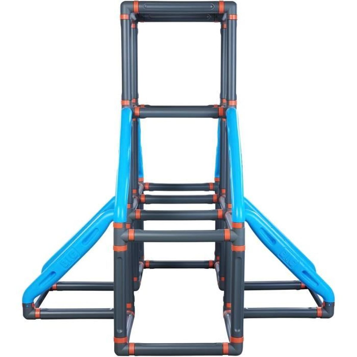 Ein blau-grauer Kletterrahmen aus Kunststoff. Er hat Sprossen, abgewinkelte Stützen und einen rechteckigen oberen Rahmen mit orangen Verbindern.