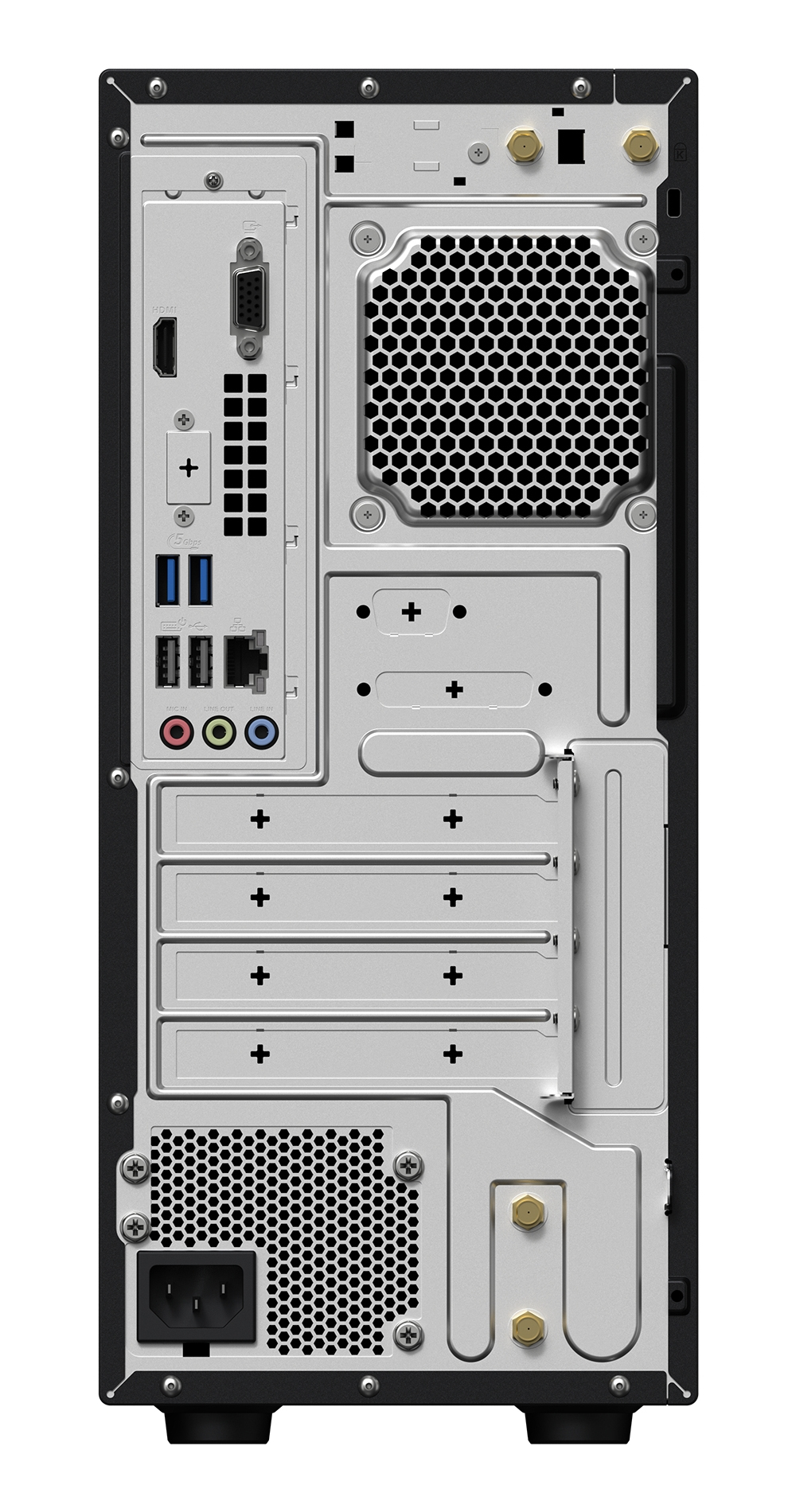 Vista posteriore di un case del computer con varie porte, prese d'aria e connettori, tra cui HDMI, USB e ingresso di alimentazione.