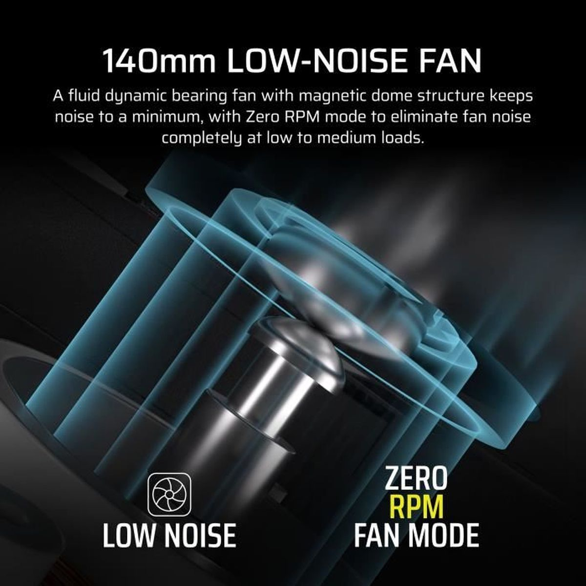 Obraz przedstawia wentylator o niskim poziomie hałasu. Ma magnetyczną strukturę kopuły i tryb zero RPM, minimalizując hałas.
