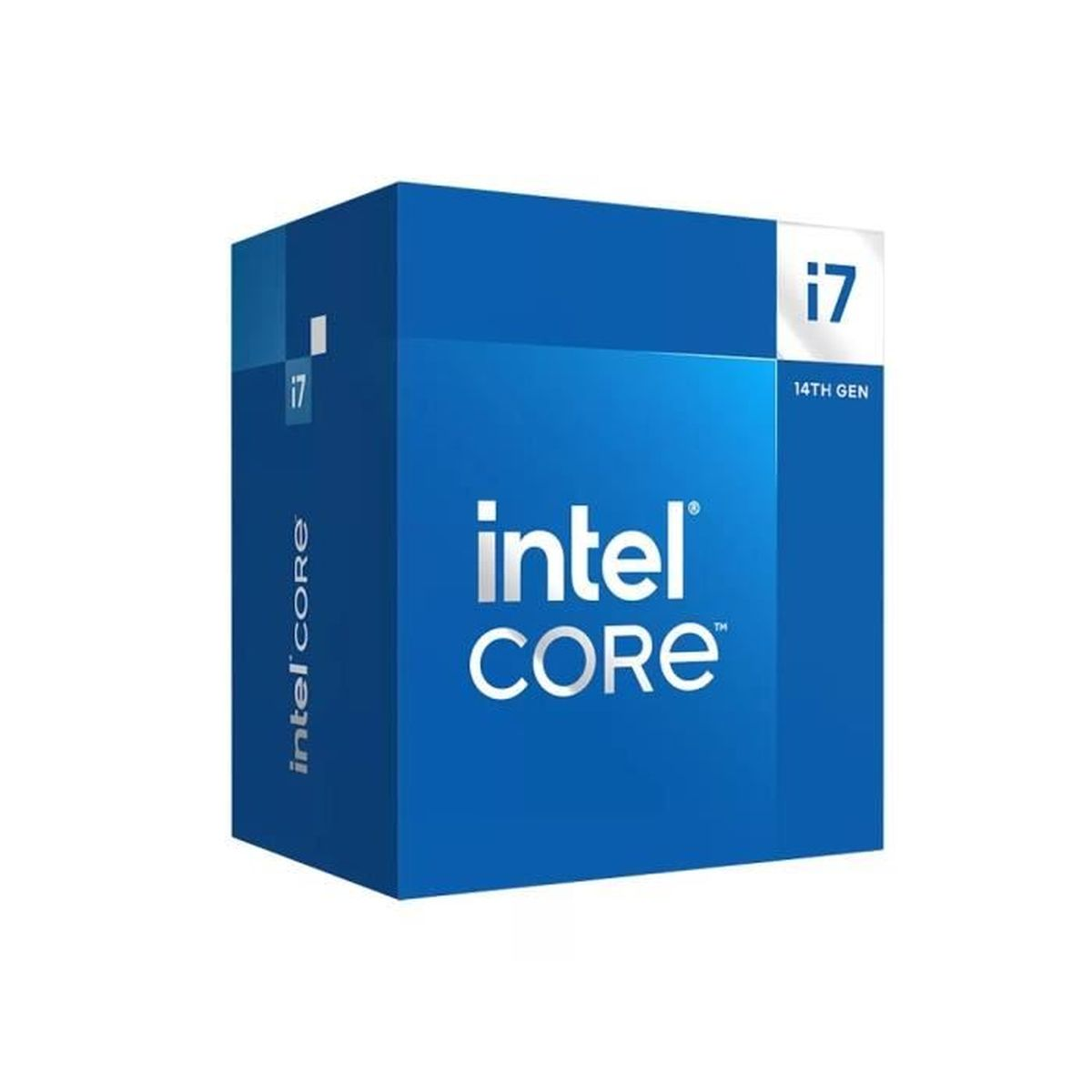Niebieskie pudełko procesora Intel i7. Przód wyświetla "intel CORE" i "i7 14th Gen". Logo Intel Core jest widoczne.