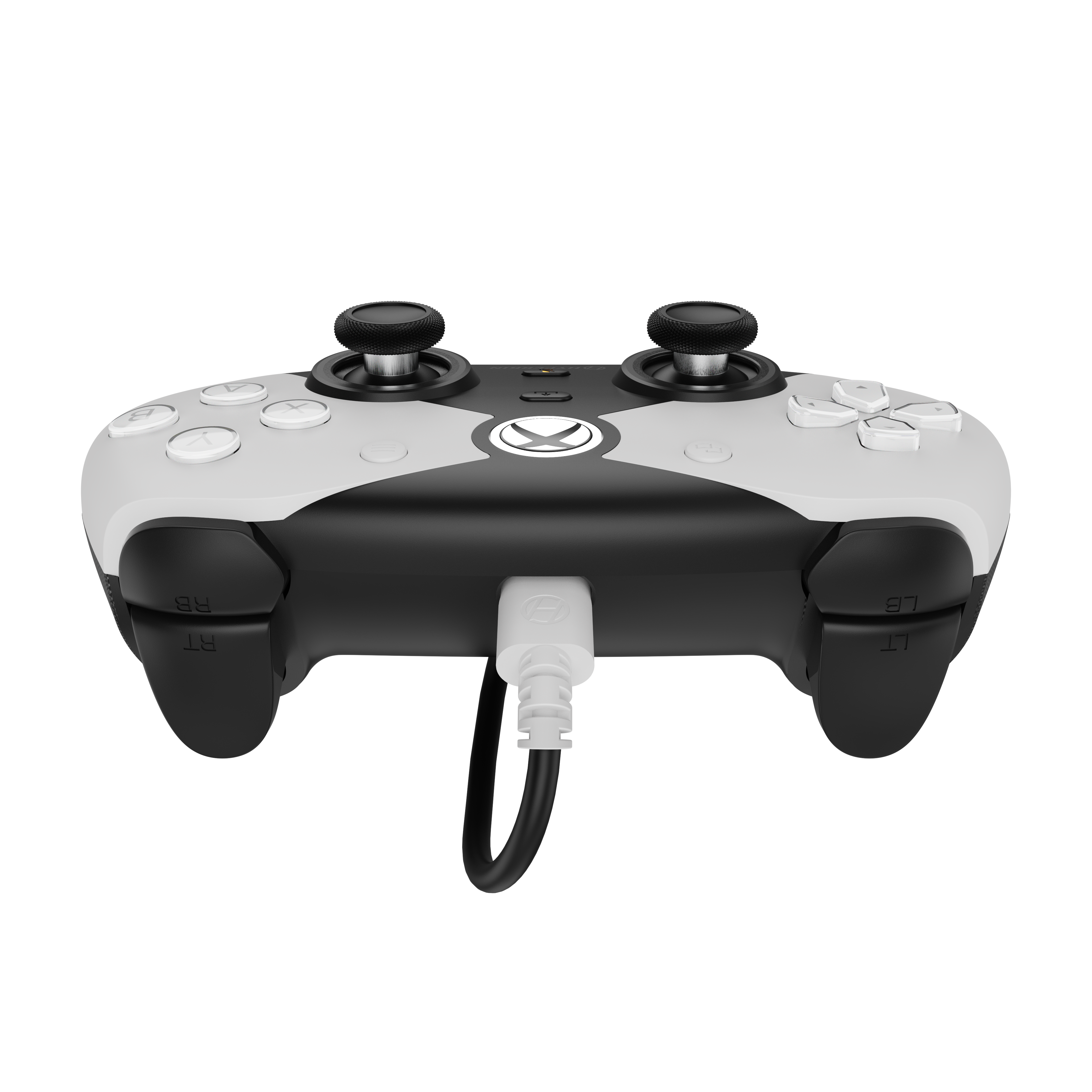 Un gamepad bianco e nero con joystick, pulsanti neri e un cavo collegato. Un logo Xbox bianco al centro.