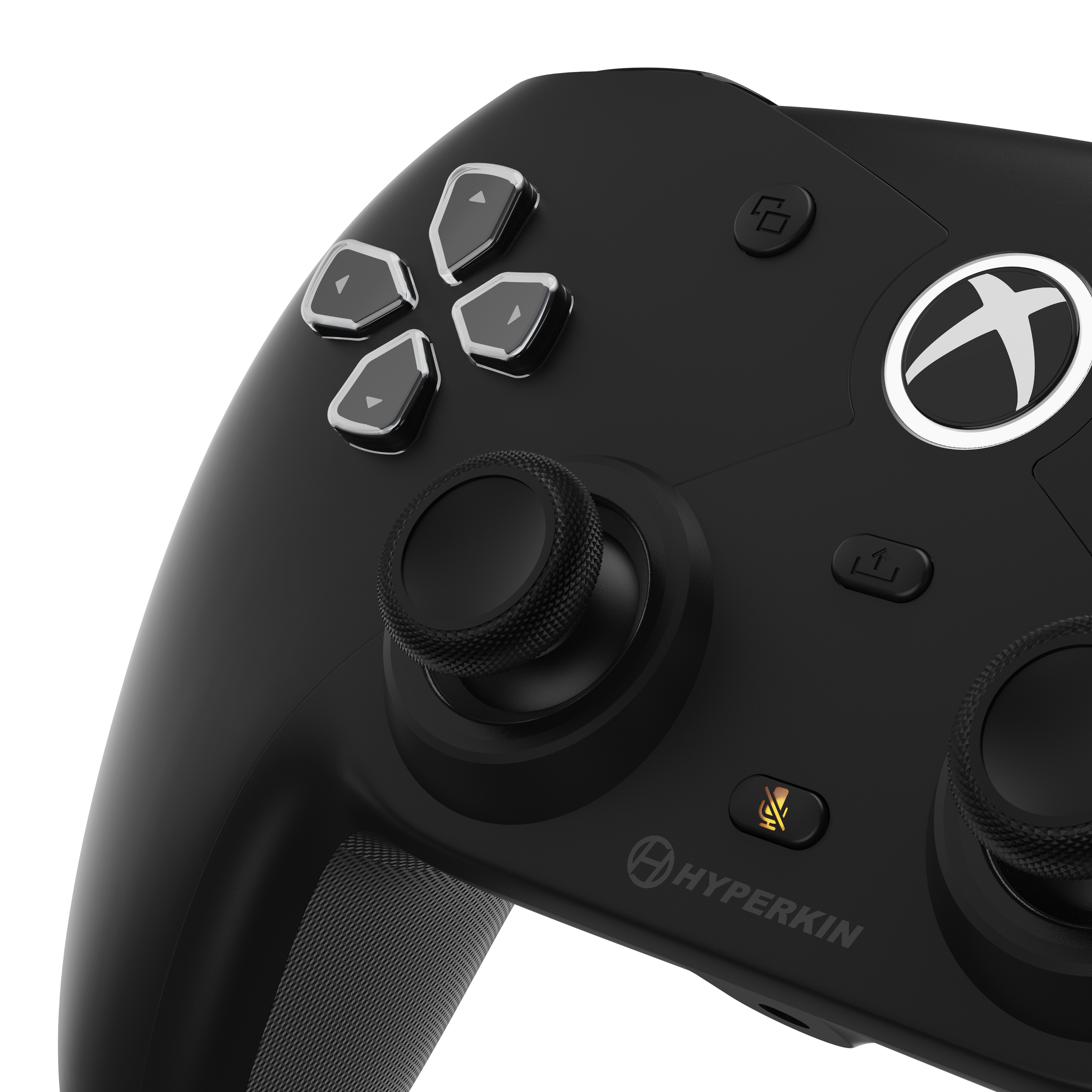 Black Xbox controller. Buttons and joysticks visible. Hyperkin logo and Xbox logo are present. Dark background.