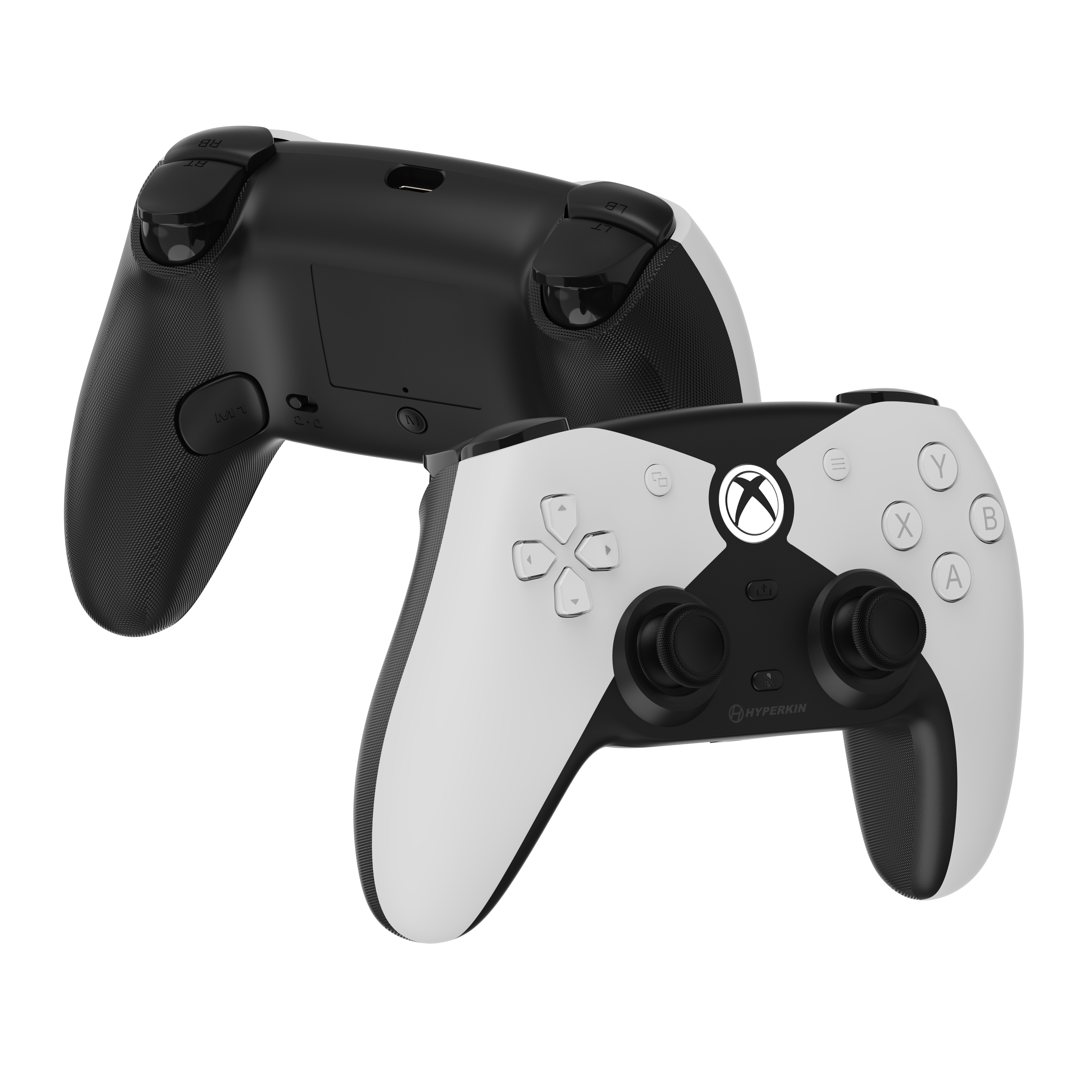 Due controller di gioco in bianco e nero. Uno è capovolto. L'altro ha il logo Xbox e i pulsanti.