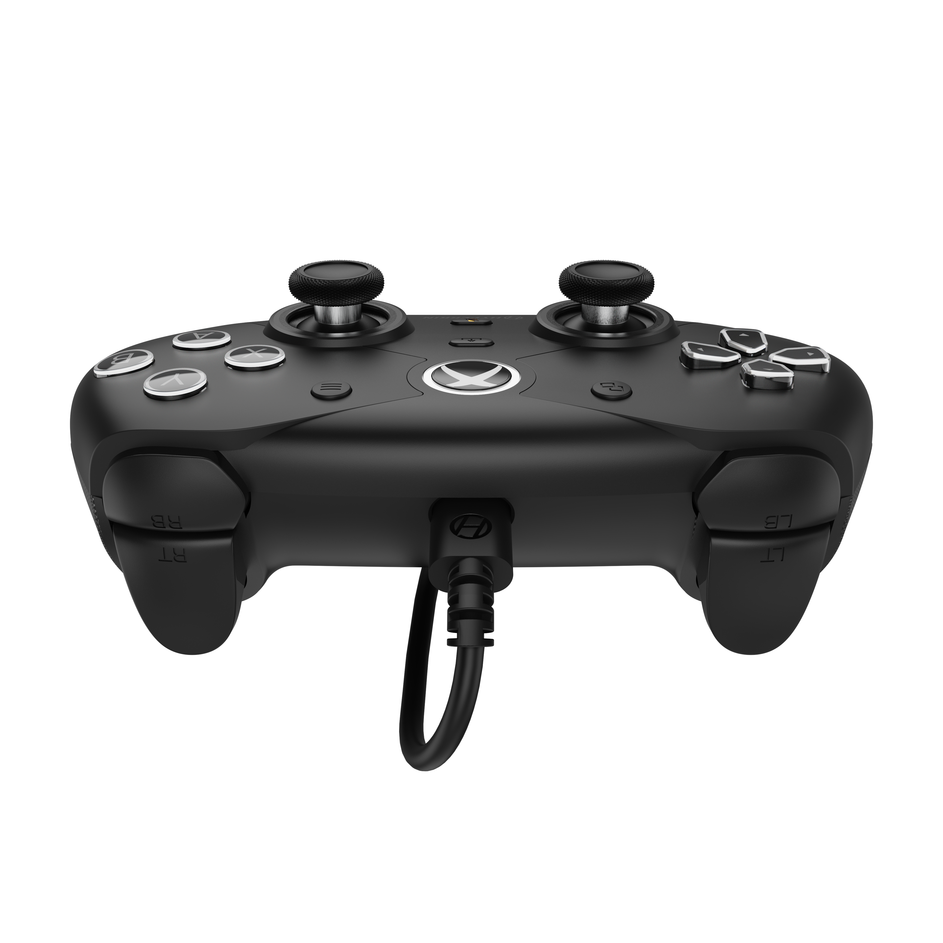 A black game controller with buttons, joysticks, and a cable. It is against a black background.