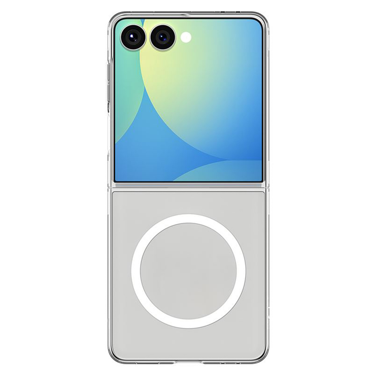 Telefono pieghevole, sezione superiore con doppia fotocamera, schermo mostra blu e giallo. La sezione inferiore ha un cerchio bianco.