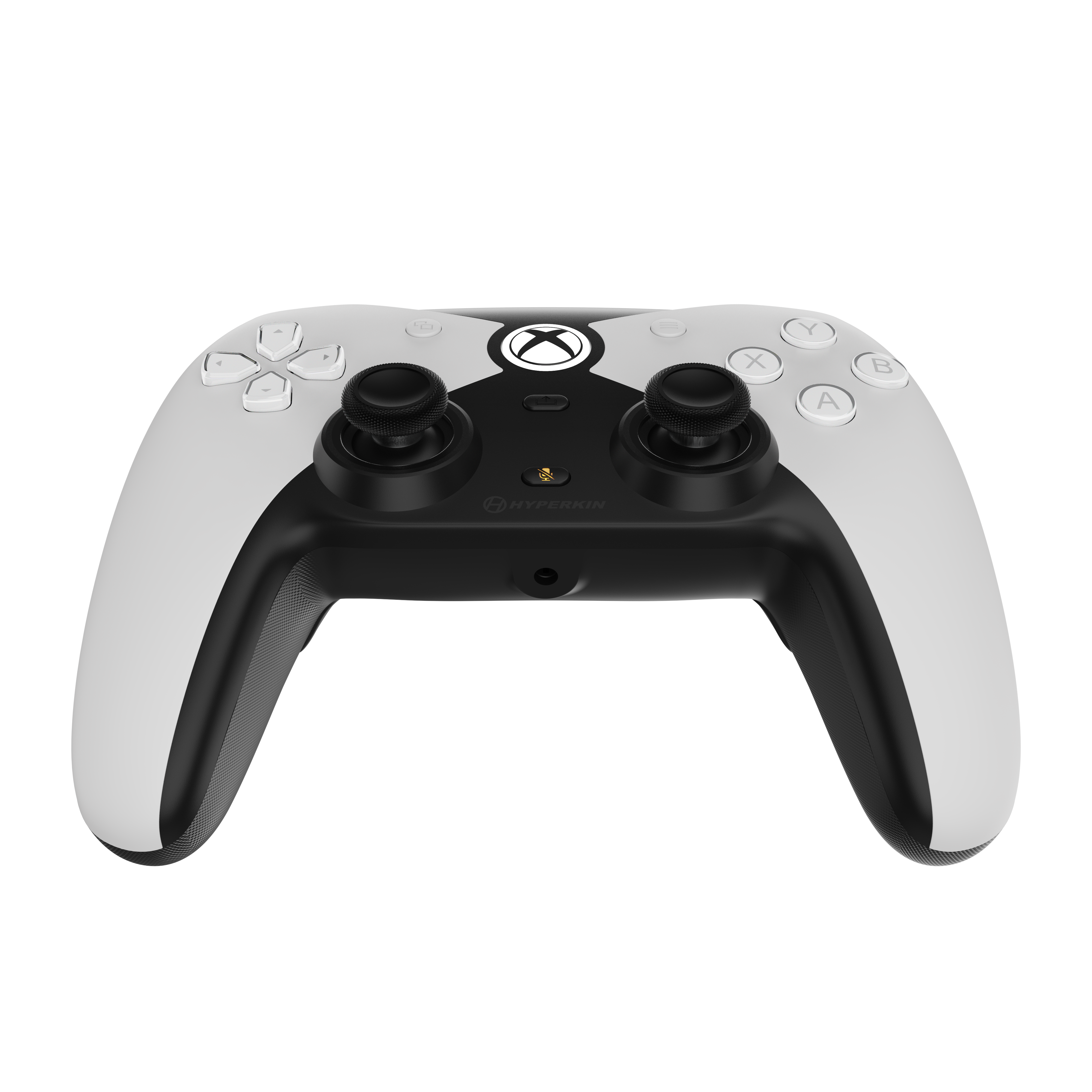 Un controller Xbox bianco e nero con pulsanti, joystick e il logo Xbox.