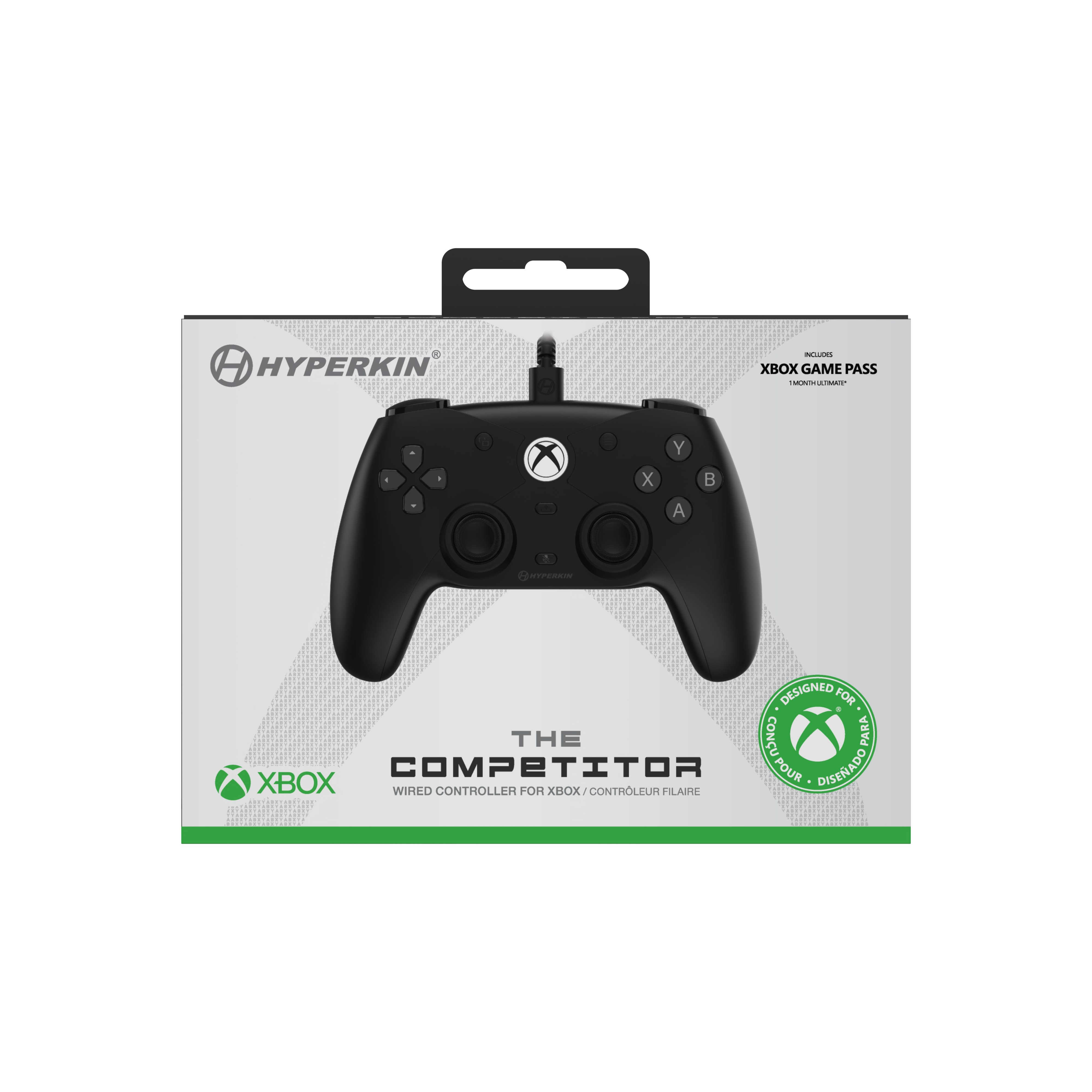 An Xbox controller box. Black controller is visible inside. The box is white and green with the Hyperkin logo.