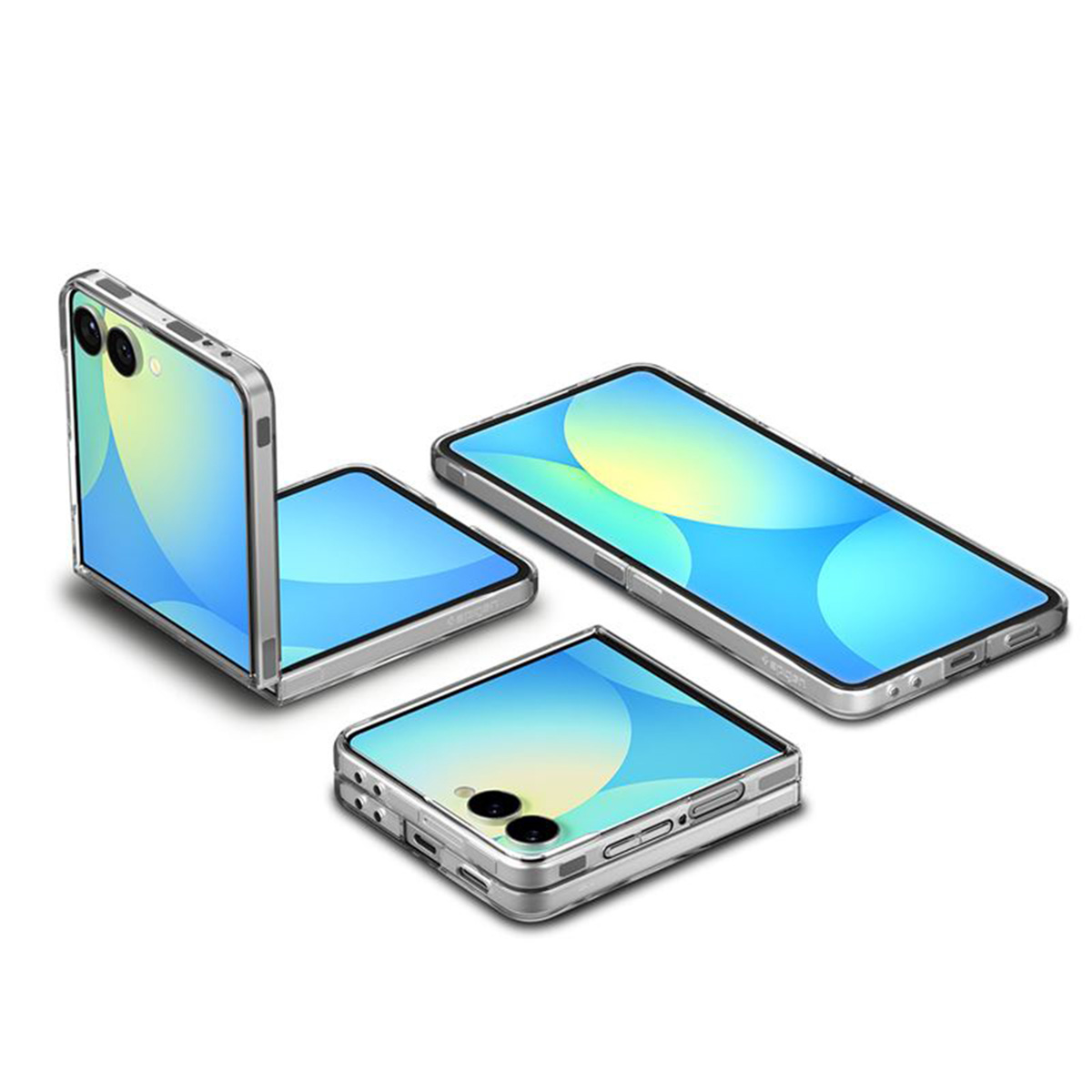 Tre smartphone argentati con schermi blu. Uno aperto, uno piegato e il terzo piatto, tutto su sfondo bianco.