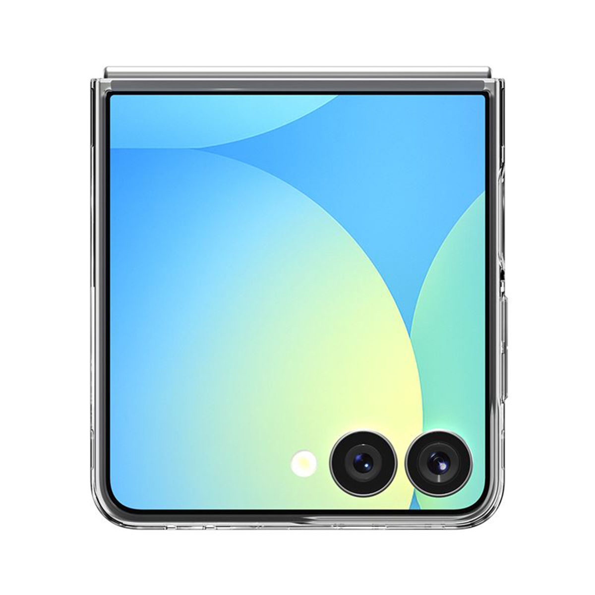 Uno smartphone con custodia trasparente. Lo schermo mostra una sfumatura blu e verde. Due obiettivi e un flash visibili.