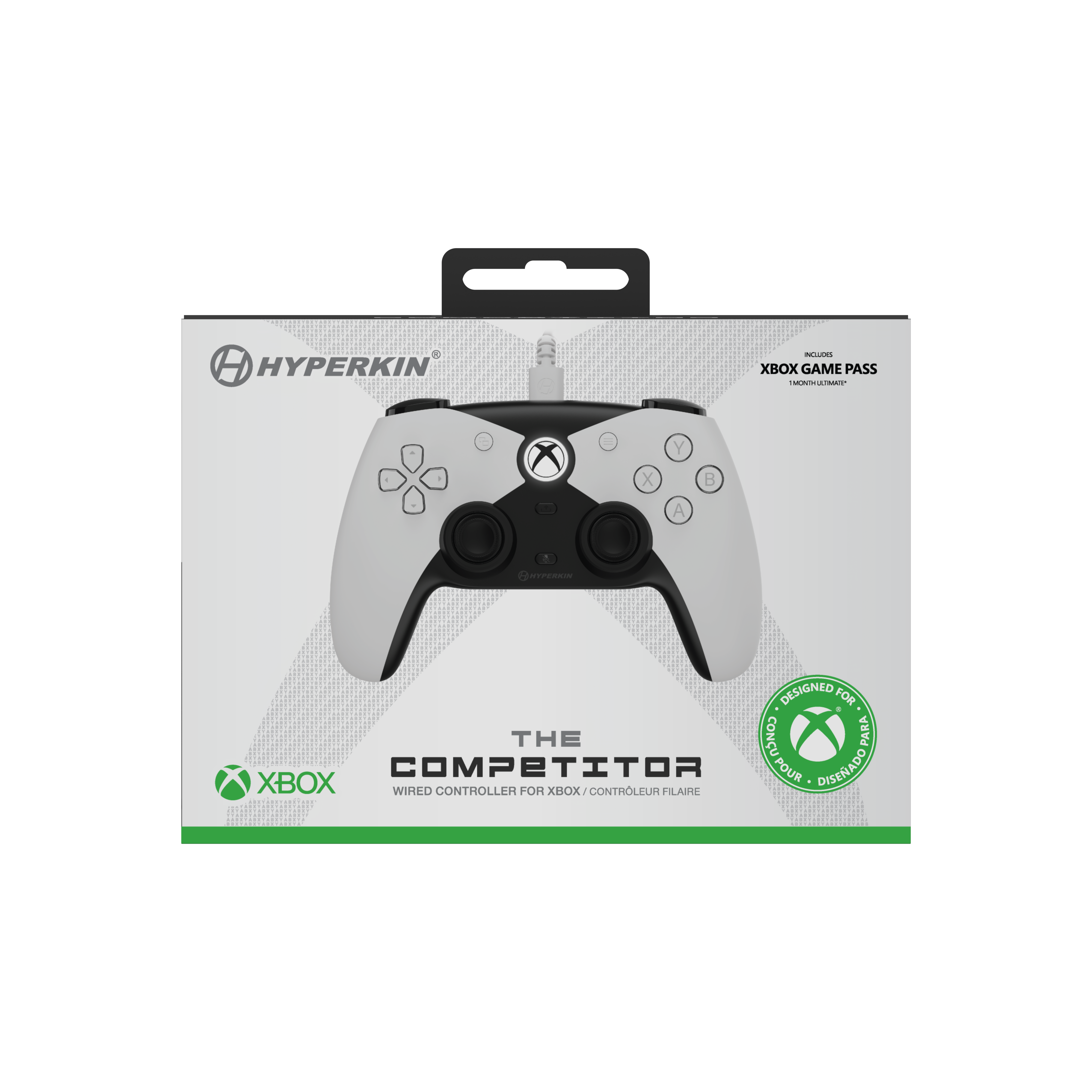 Un controller Xbox Hyperkin bianco e nero in una scatola. La scatola ha il logo Xbox e testo.