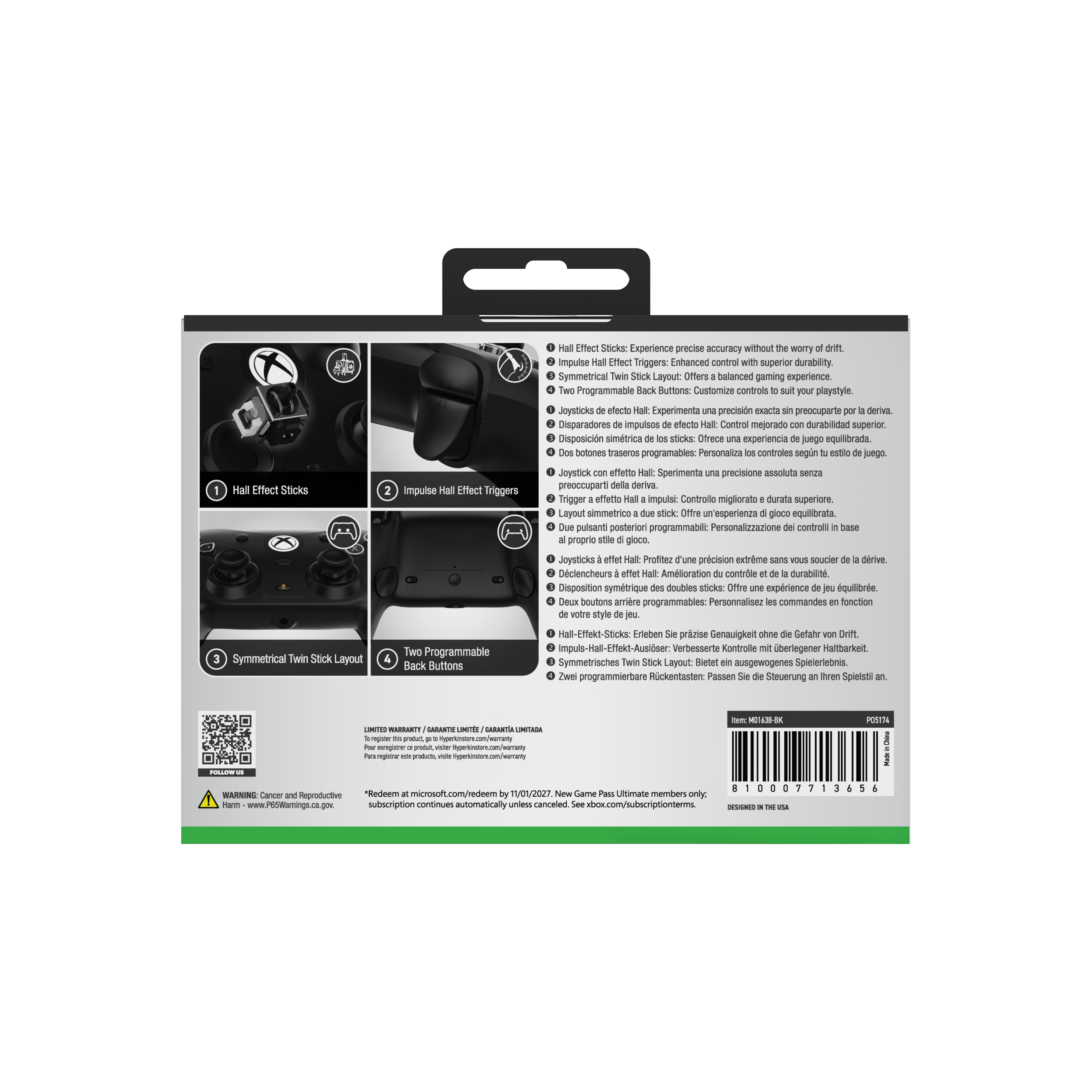 Black gamepad box with controller images and text descriptions. Features include Hall Effect Sticks and triggers.