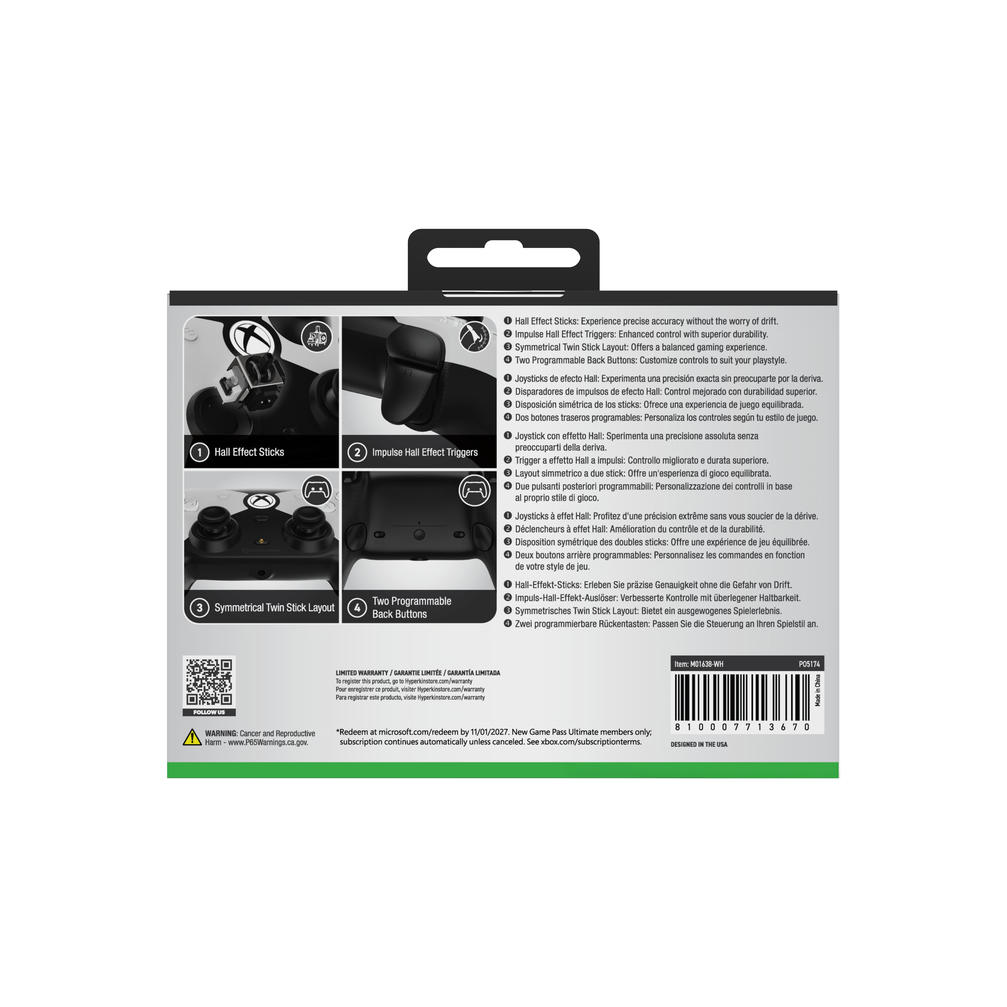 Scatola del controller in bianco e nero. Include levette Hall effect, grilletti e pulsanti programmabili.