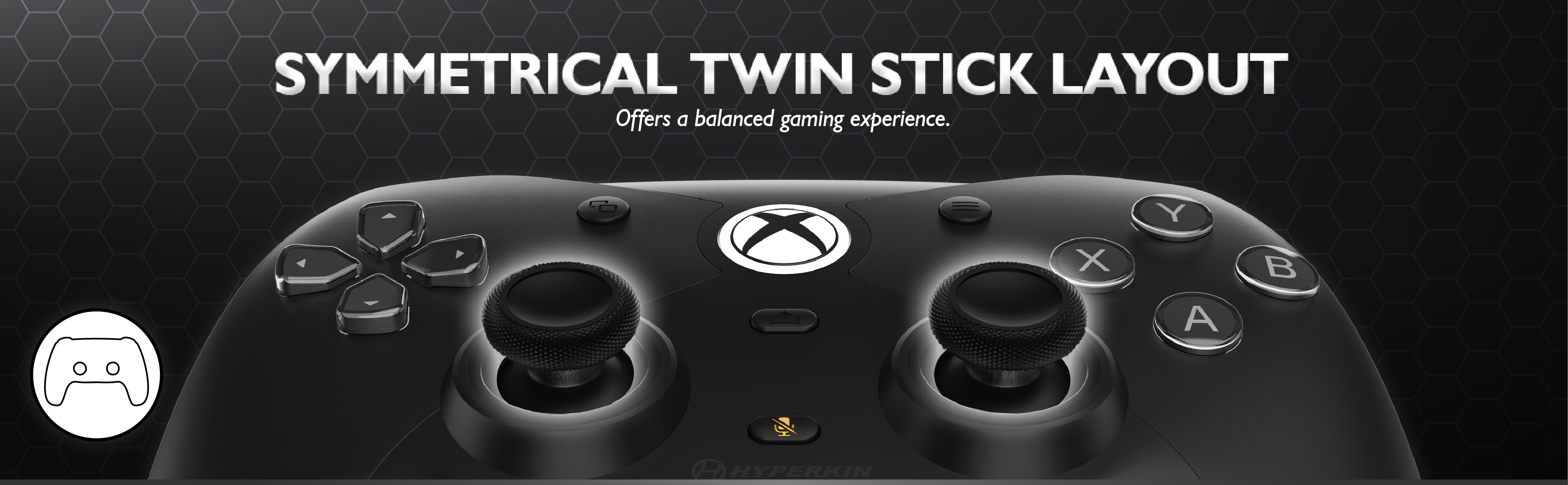 Black Xbox controller with symmetrical twin-stick layout, featuring buttons, sticks, and the Hyperkin logo.