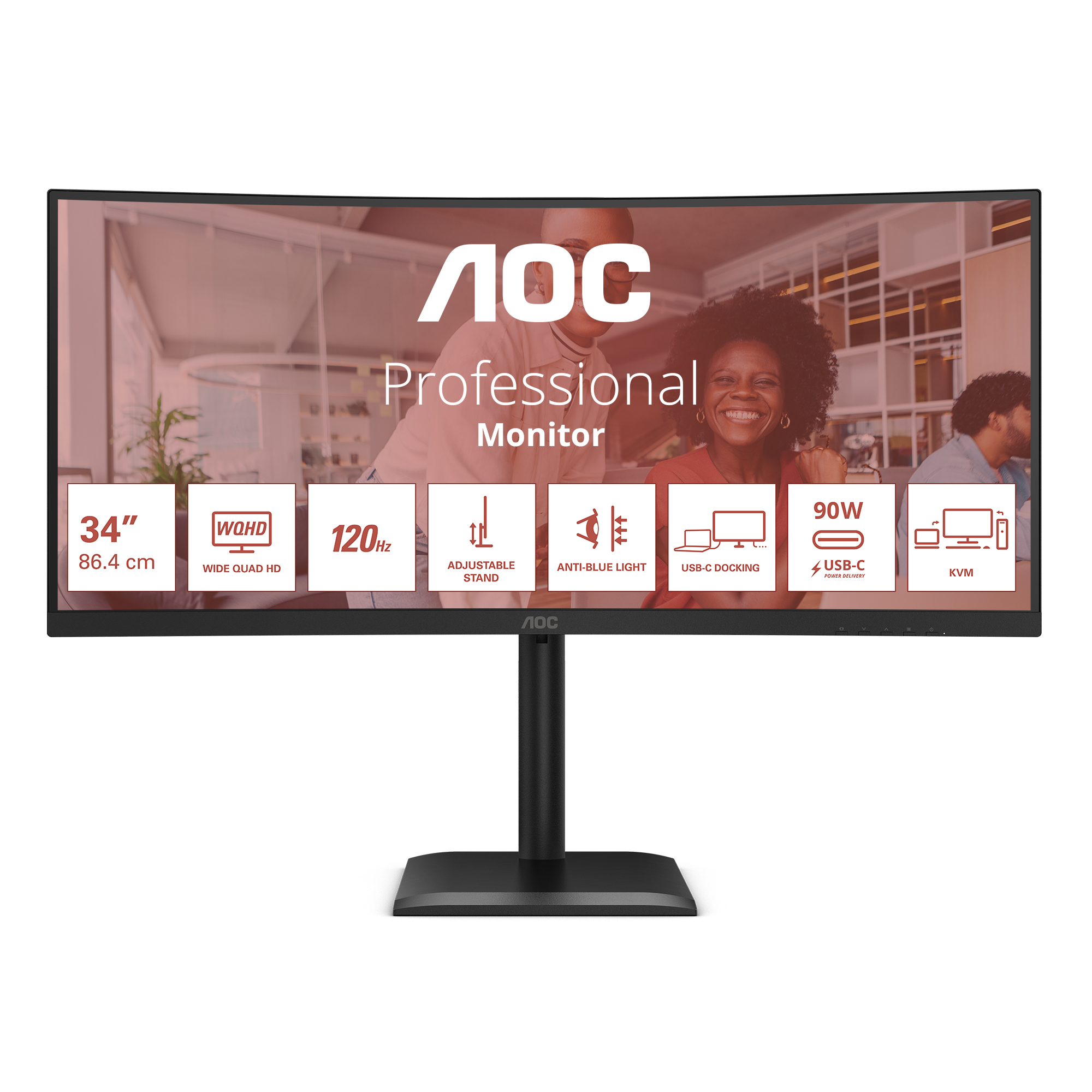 Monitor AOC 34" zakrzywiony. Funkcje: WQHD, 120Hz, regulowana podstawa, filtr światła niebieskiego, USB-C i KVM.