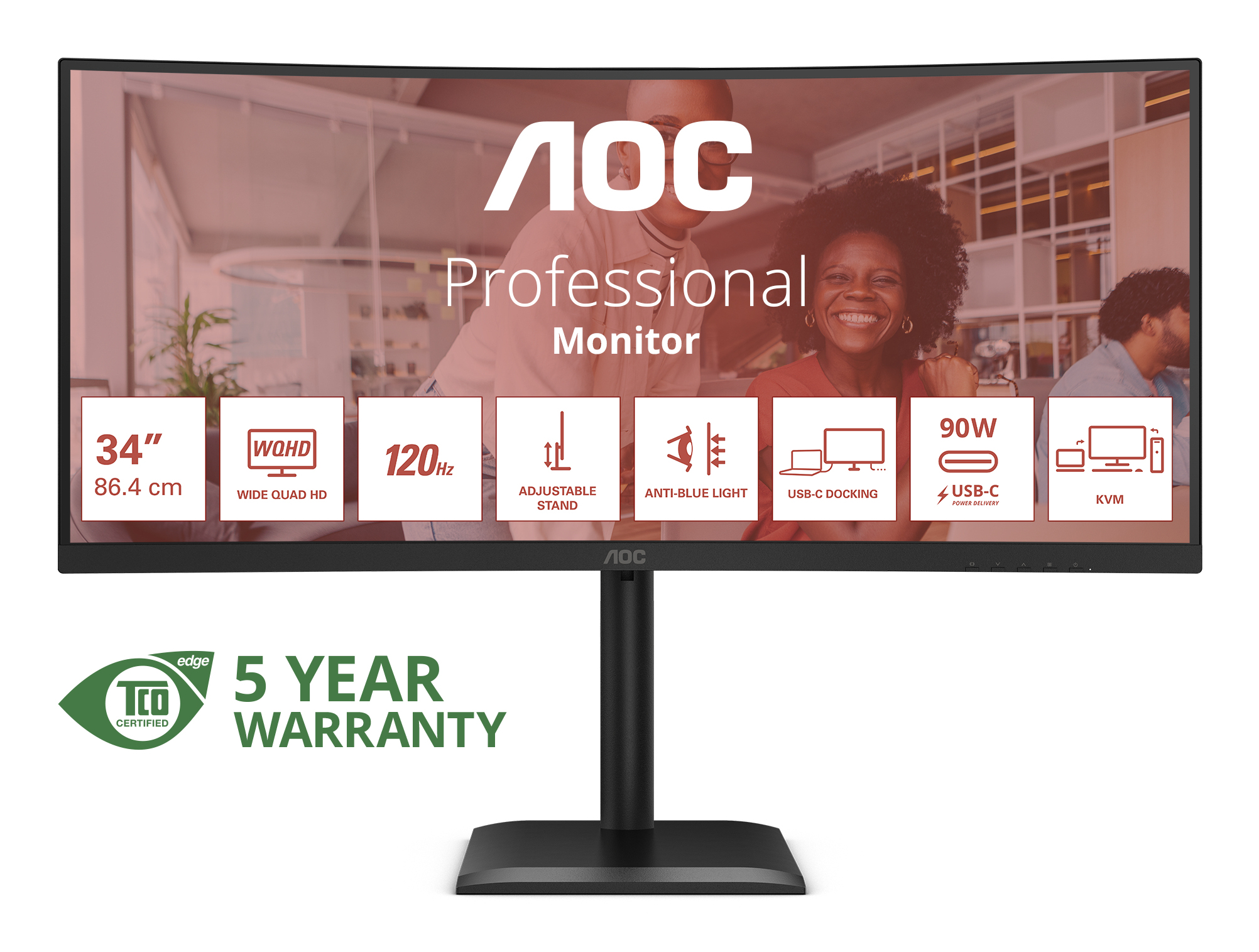 Monitor AOC Professional z zakrzywionym ekranem. Cechy: 34", WQHD, 120Hz, regulowana podstawa, anti-blue light, USB-C i 5 lat gwarancji.