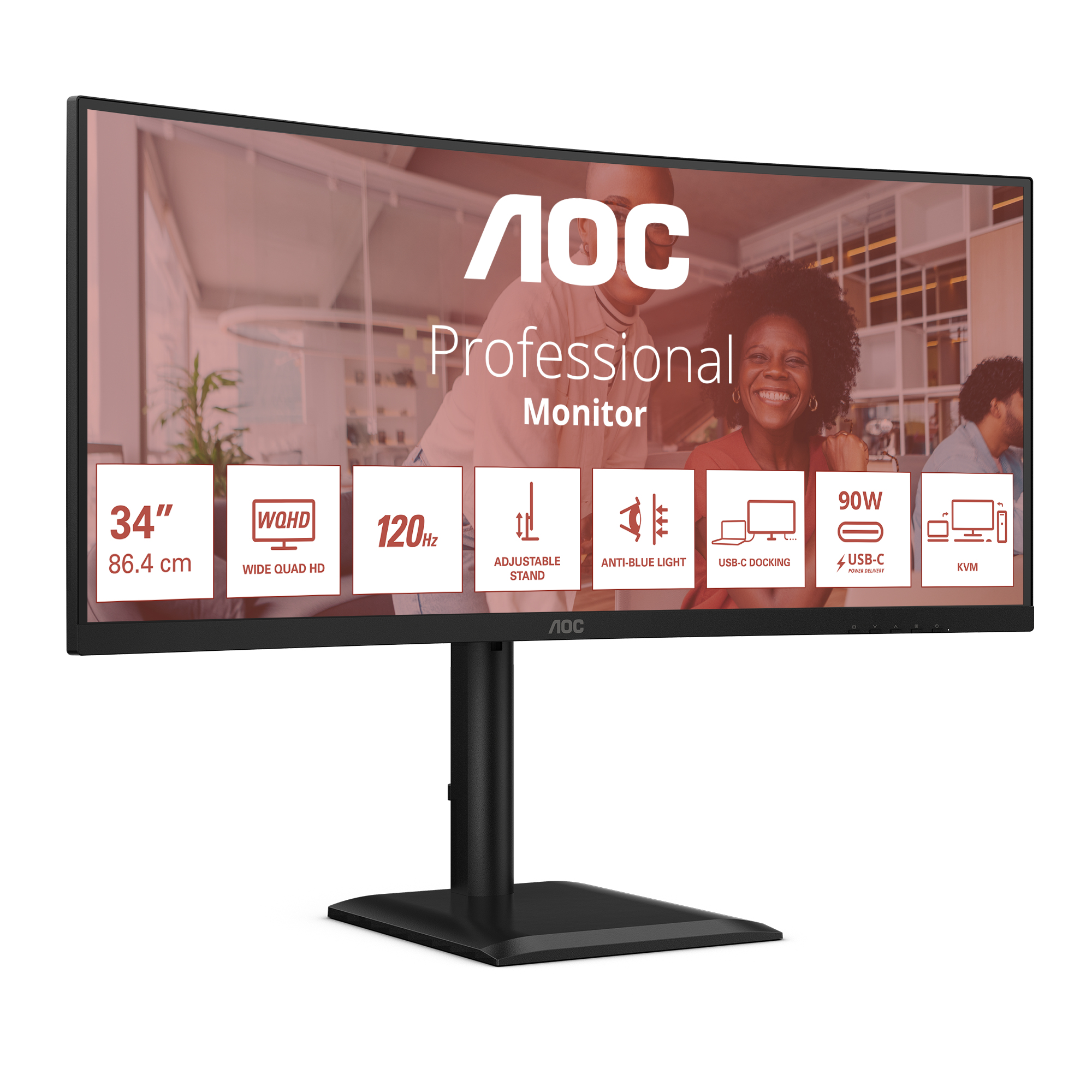 Zakrzywiony monitor AOC Professional z ludźmi w tle. Posiada 34", WQHD, 120Hz, regulowaną podstawkę i USB-C.