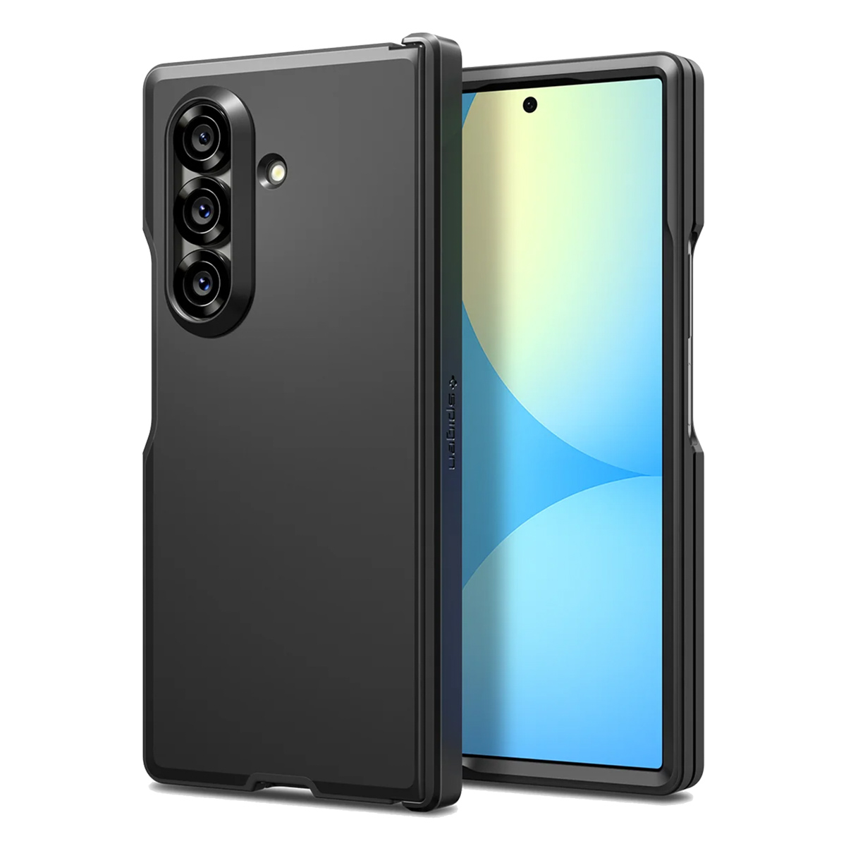 Coque de téléphone noire avec téléphone dedans. L'écran affiche un fond bleu clair. La coque a trois lentilles.