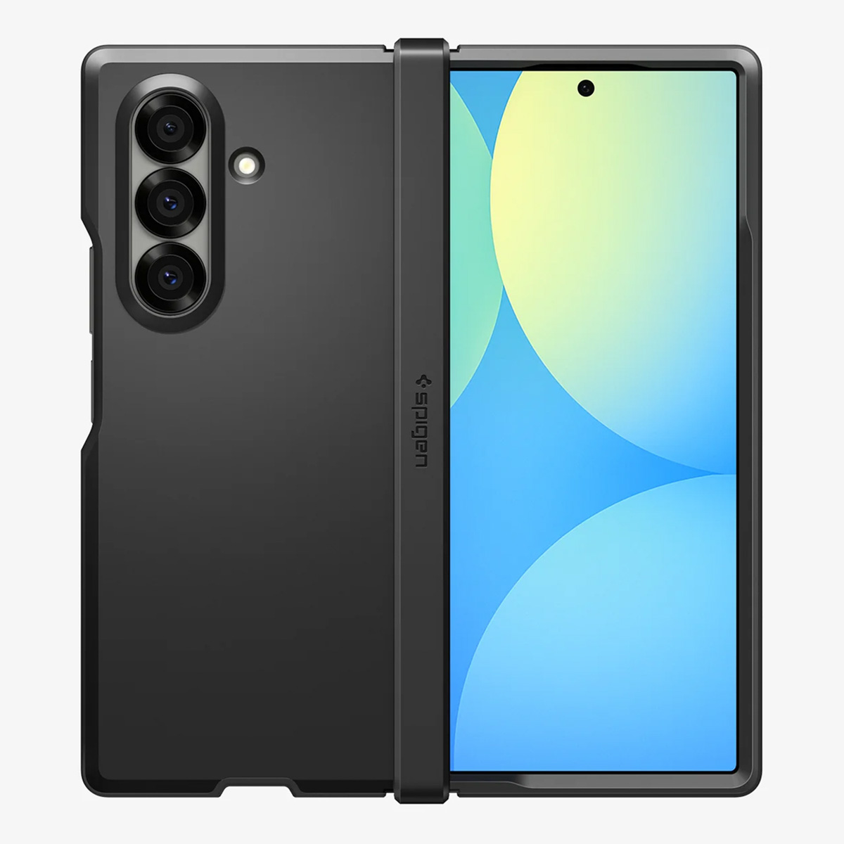 Une coque de smartphone noire avec un écran plié et un appareil photo à trois objectifs. L'écran affiche un motif abstrait bleu et jaune.