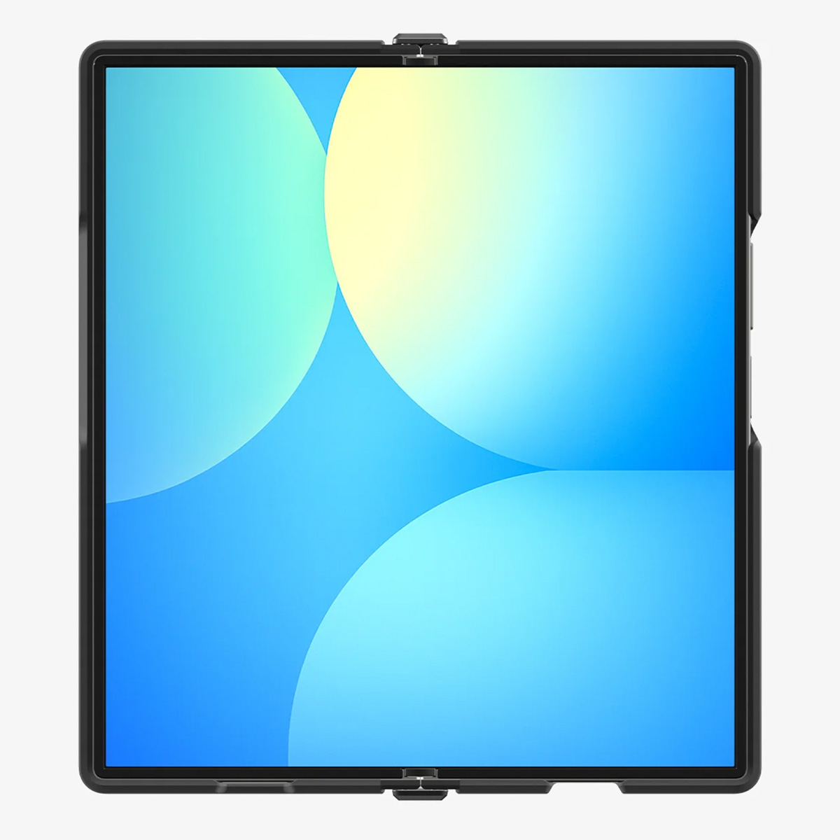 Une tablette noire avec un fond dégradé bleu et jaune. L'écran a des formes arrondies, et le cadre est noir.