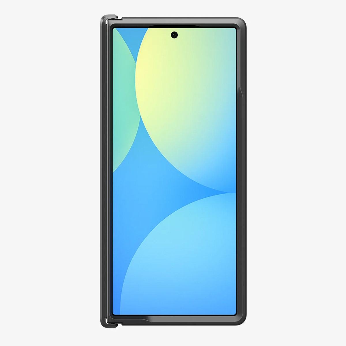 Un smartphone avec écran dégradé bleu et jaune, sur fond blanc. Une bordure noire entoure l'écran.