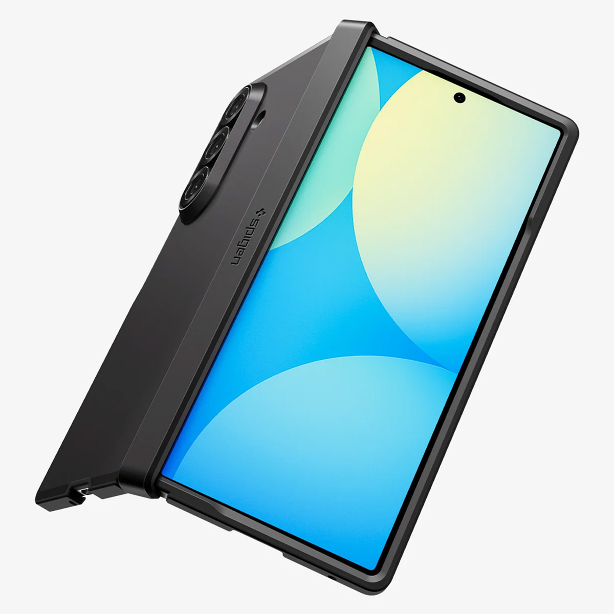 Un smartphone noir dans un étui de protection. L'écran affiche un dégradé bleu et jaune. L'étui porte le logo 'Spigen'.