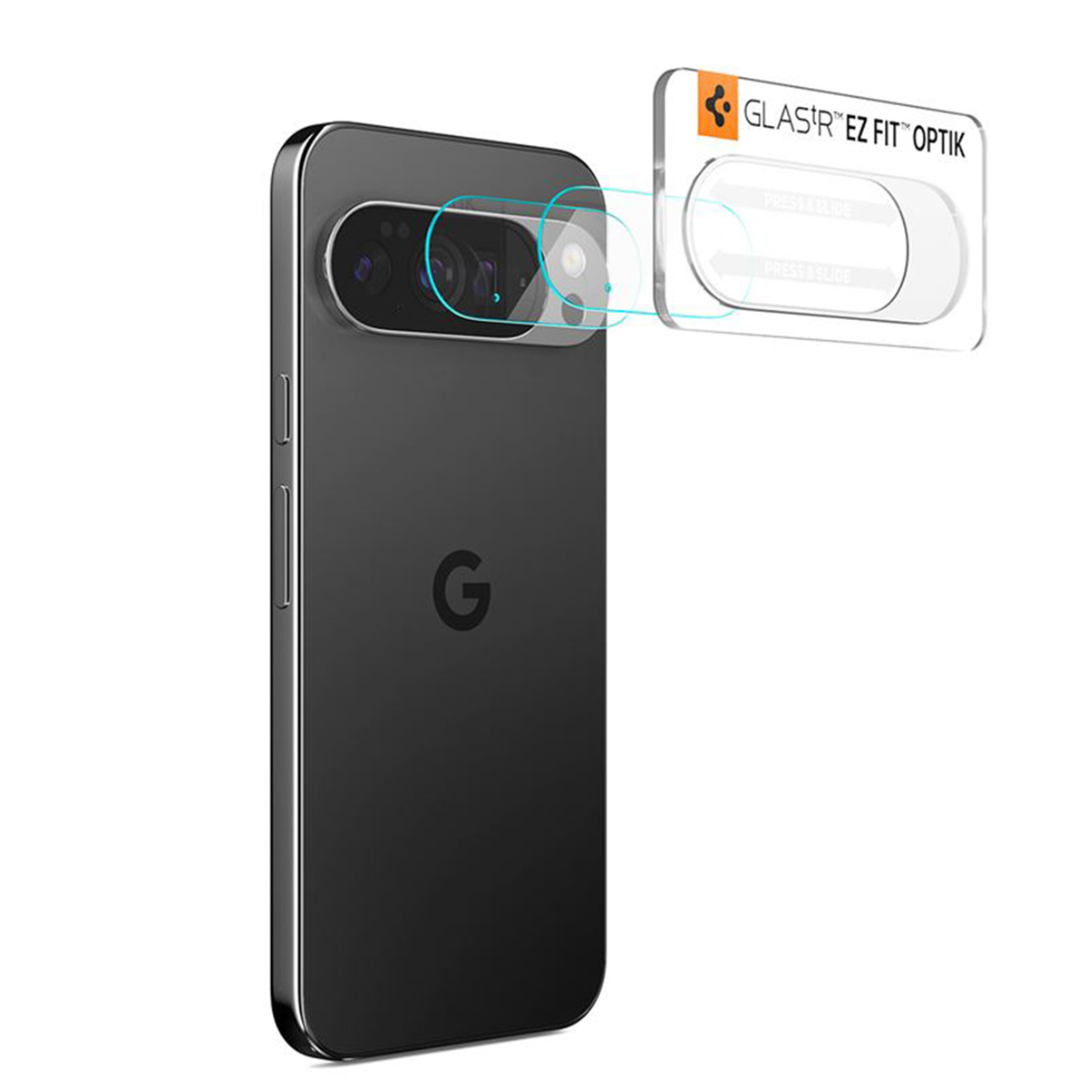 Un telefono Google Pixel nero con una protezione per l'obiettivo della fotocamera. Il protettore è etichettato 'Glas.tR EZ Fit Optik'.
