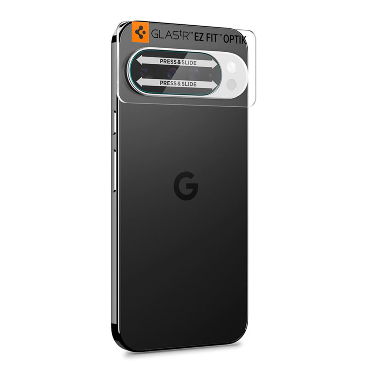Uno smartphone nero con protezione schermo. La protezione ha le istruzioni 'PRESS & SLIDE'. Il telefono ha il logo 'G'.