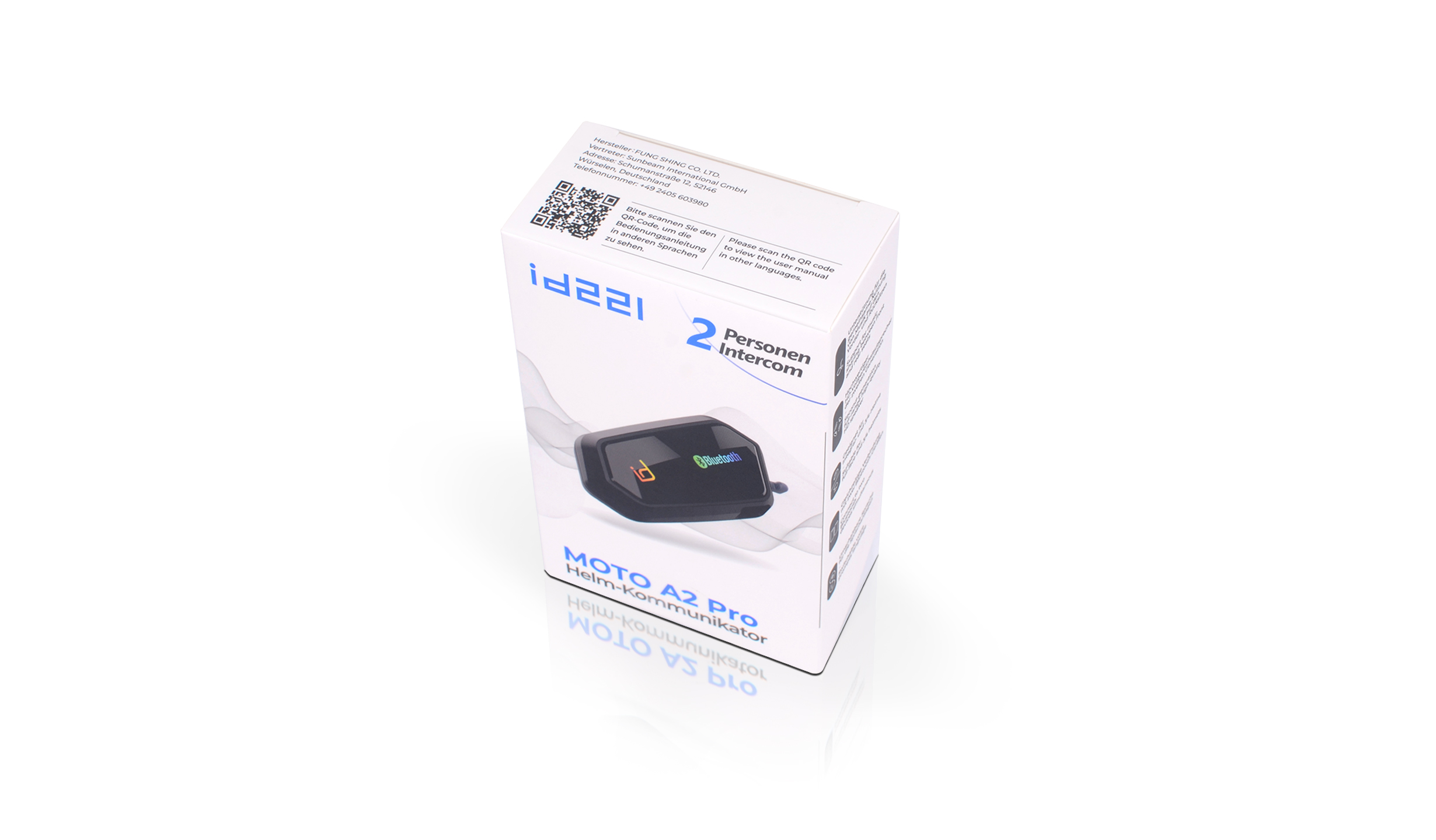 Scatola con un dispositivo intercom nero. Il testo include 'MOTO A2 Pro', 'Bluetooth' e '2 Persone Intercom'.