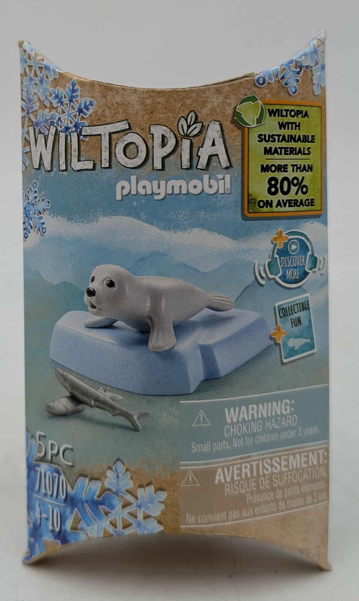 Playmobil Wiltopia box. A seal on a blue ice floe, a shark, and text about the product.