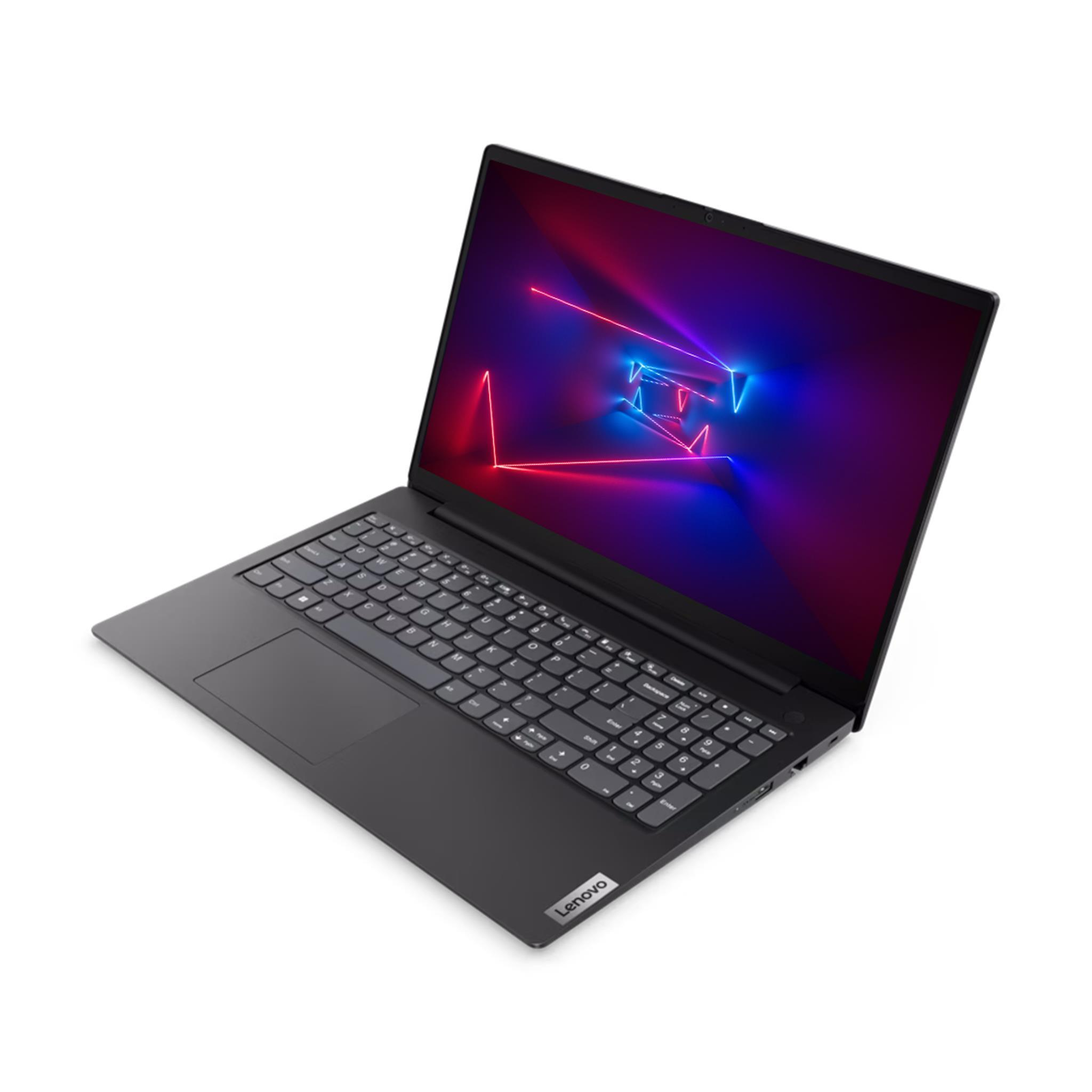 Ein schwarzer Lenovo-Laptop ist auf einer weißen Oberfläche abgewinkelt. Der Bildschirm zeigt ein farbenfrohes geometrisches Design.