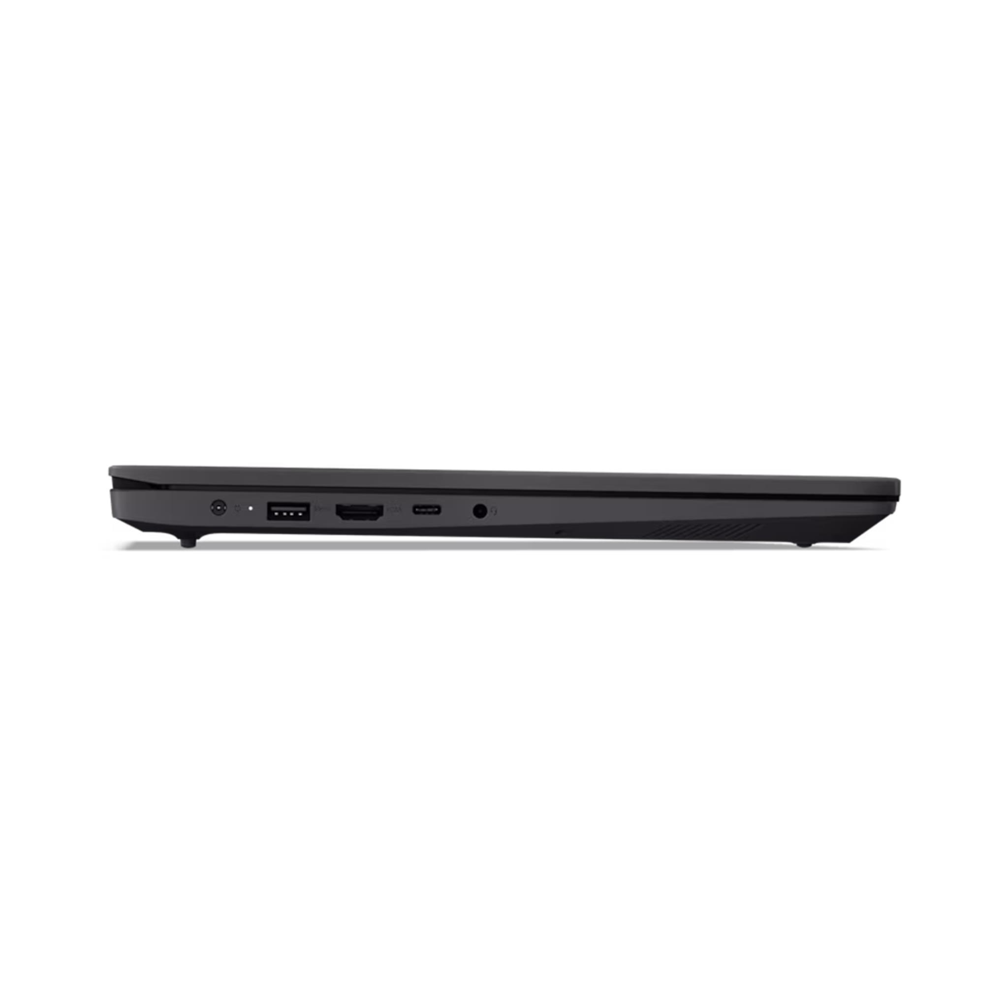 Seitenansicht eines dunklen Laptops. Anschlüsse sind USB, HDMI und Audioanschluss. Schwarze Oberfläche, weißer Hintergrund.