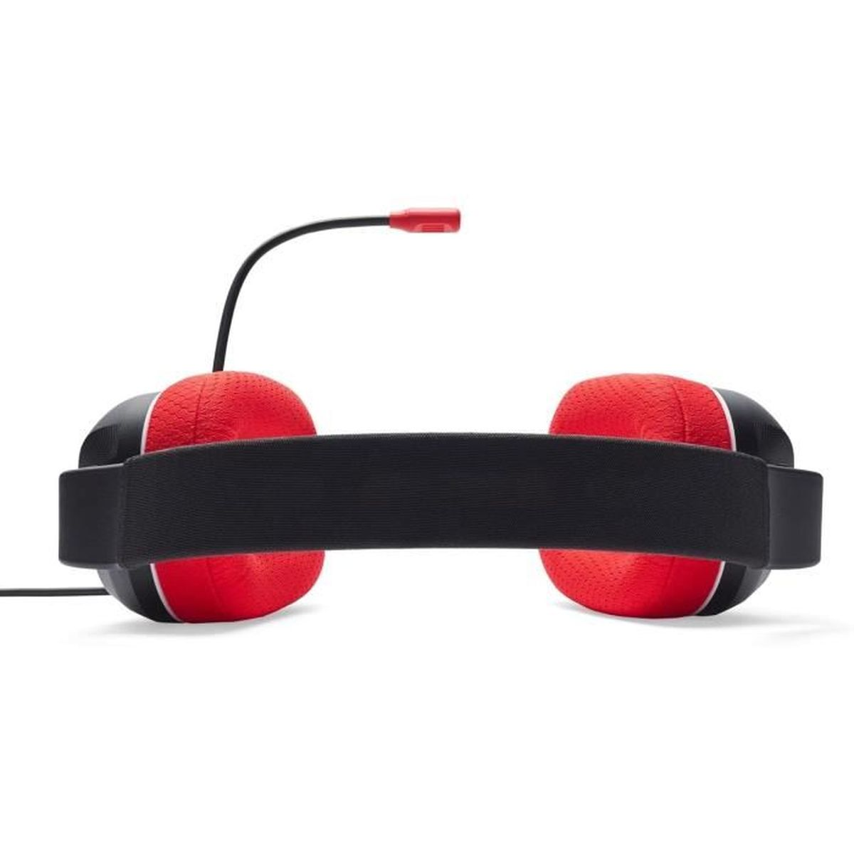 Czerwono-czarny zestaw słuchawkowy do gier z mikrofonem. Zestaw słuchawkowy ma czerwone nauszniki, czarny pałąk i czarne ramię mikrofonu.