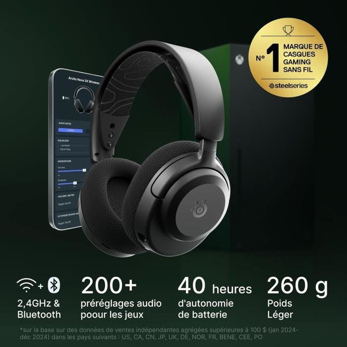 Schwarzes, kabelloses Gaming-Headset, Telefonbildschirm mit Einstellungen und Text: 2,4 GHz & Bluetooth, 200+ Audio-Presets, 40h Akku, 260g.