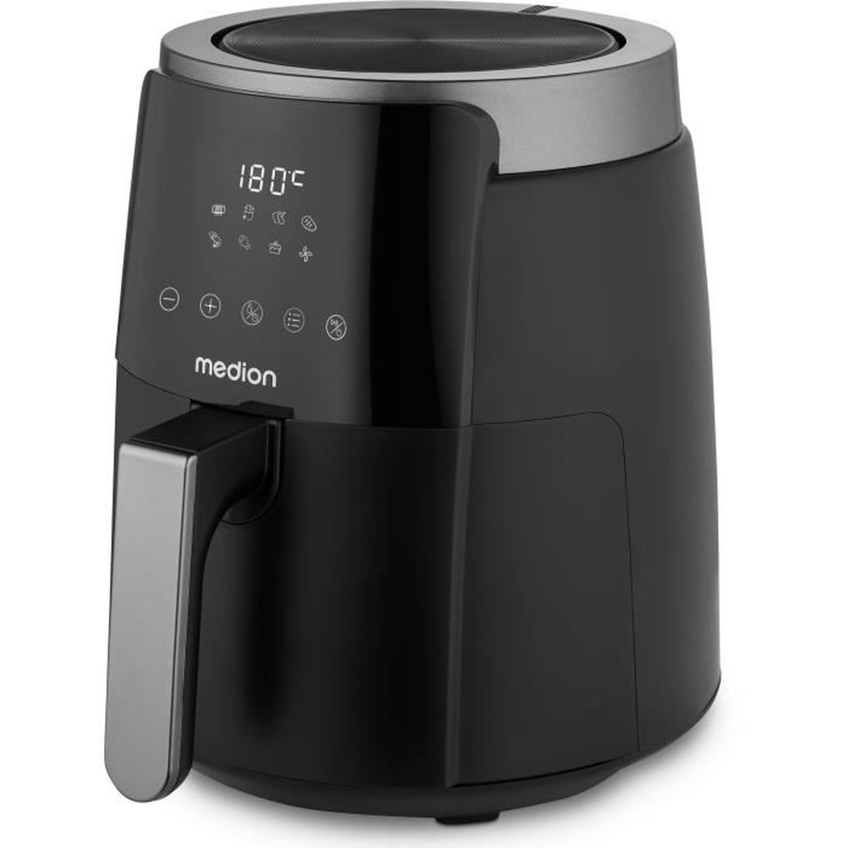 Een zwarte Medion airfryer met een digitale display van 180°C. Het heeft een zilveren handgreep en een grijze bovenrand.