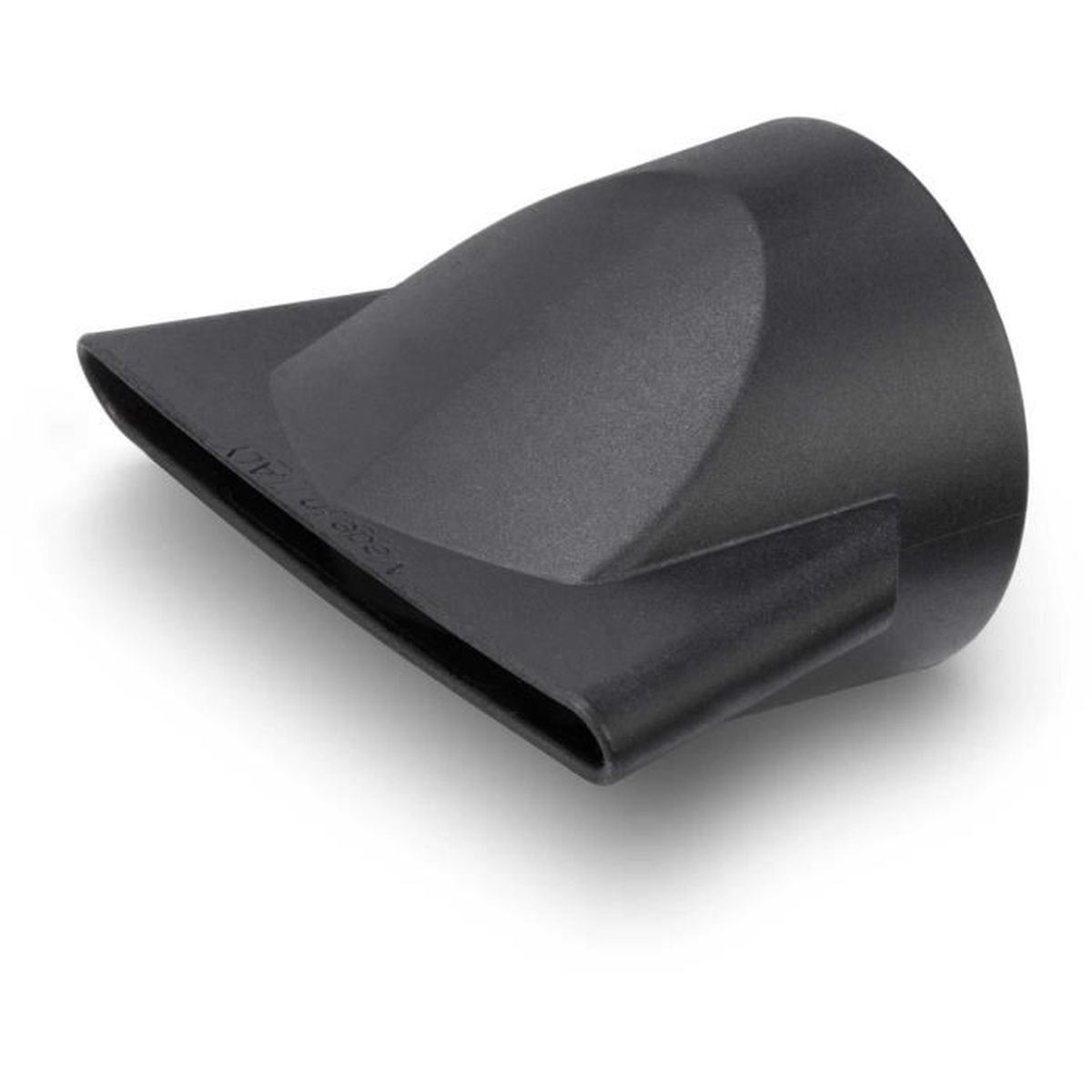 Czarna dysza suszarki do włosów. Ma szeroki, prostokątny otwór, zakrzywiony korpus i okrągły punkt mocowania, wszystko na białym tle.