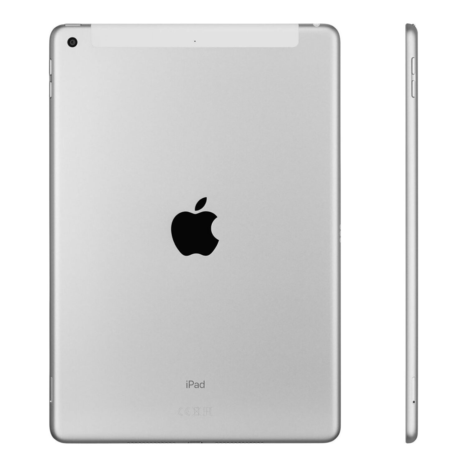 Een zilveren iPad, voor- en zijaanzicht. Het Apple-logo is zichtbaar. Camera linksboven. Het zijaanzicht toont knoppen.