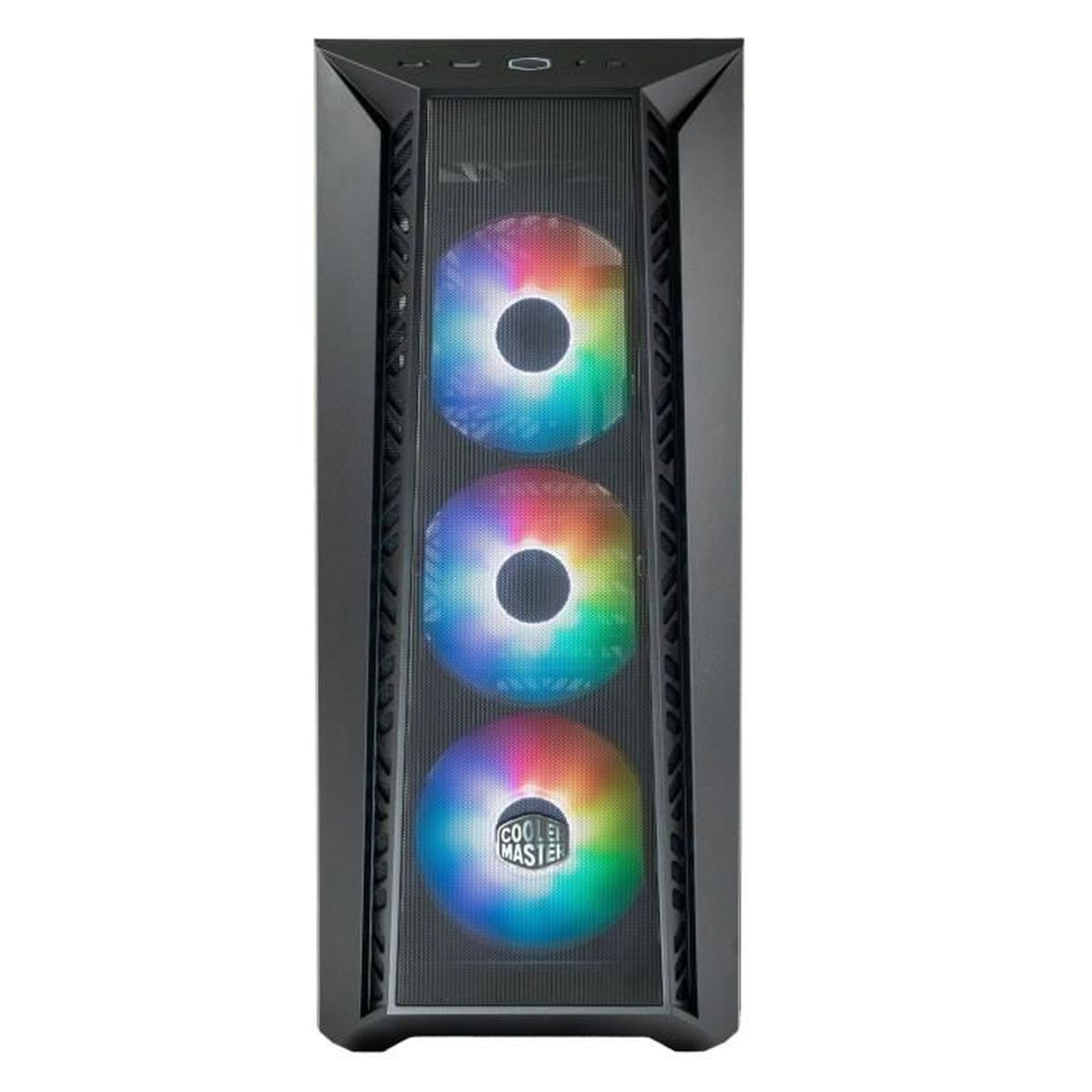 Black computer case with three rainbow-colored fans. The Cooler Master logo is visible. The case is rectangular and vertical.