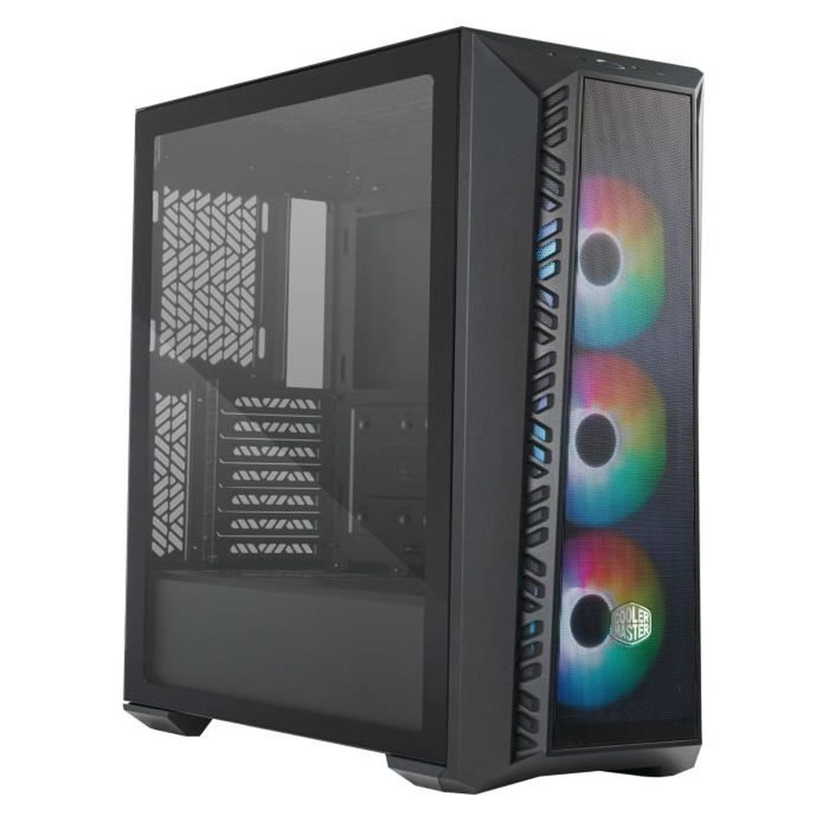 A black computer case with a glass side panel. It has three colorful fans on the front and a Cooler Master logo.