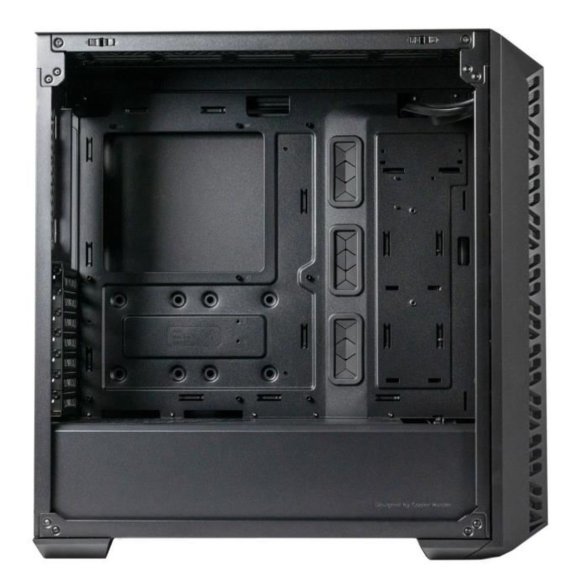 A black computer case interior. It has various compartments, mounting points, and ventilation slots. The design is clean and modern.