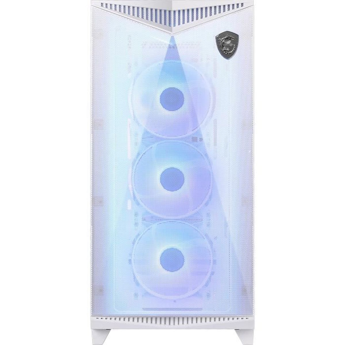 Biała obudowa komputera z trzema podświetlanymi wentylatorami widocznymi przez przednią siatkę. Wentylatory świecą na niebiesko i fioletowo.