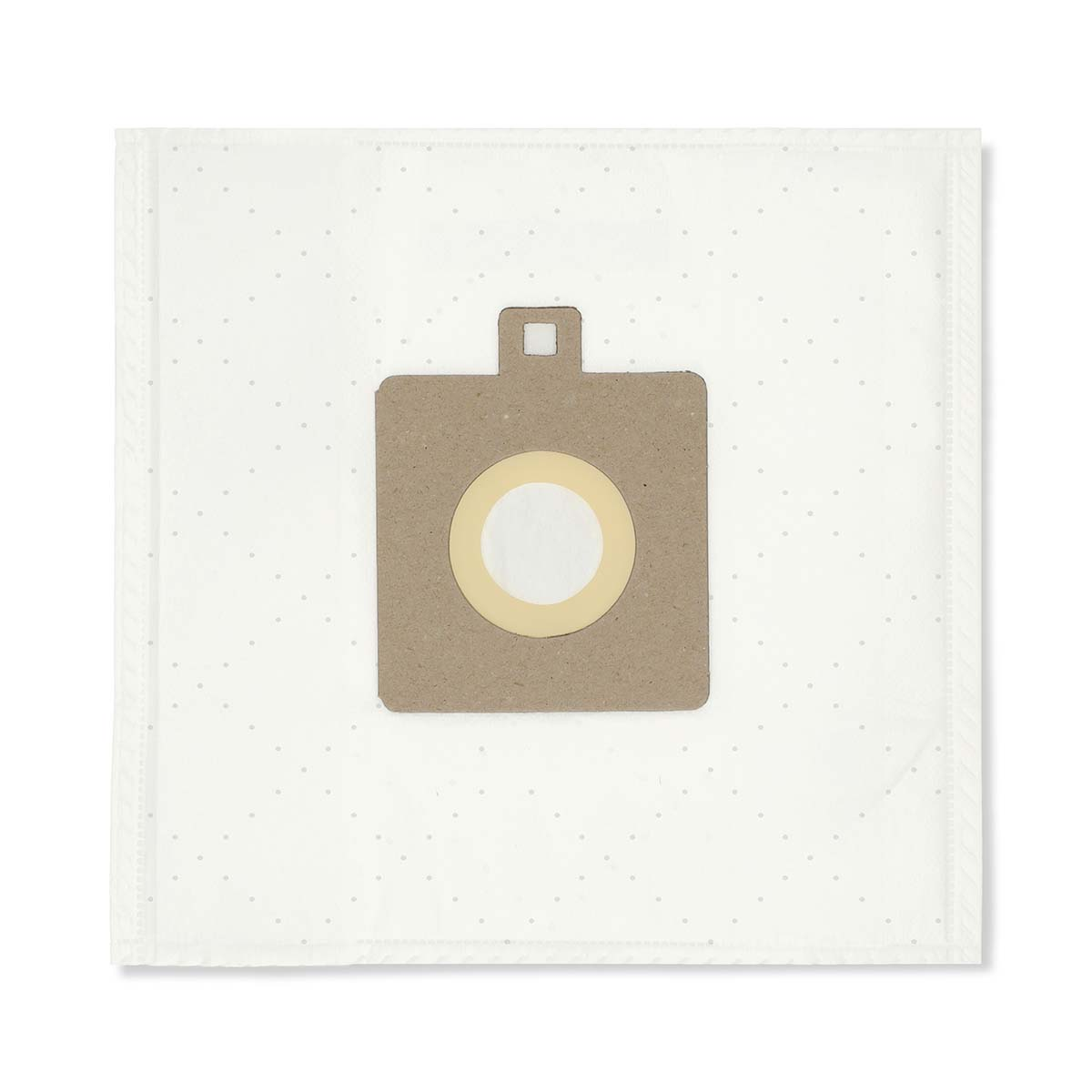 Een witte stofzuigerzak met een bruin papieren filter. Het filter heeft een cirkelvormige opening in het midden.
