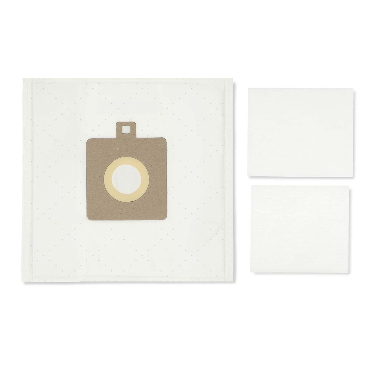 Een witte stofzuigerzak met een bruin filter en twee witte rechthoekige filtervervangingen. De zak heeft een stippenpatroon.