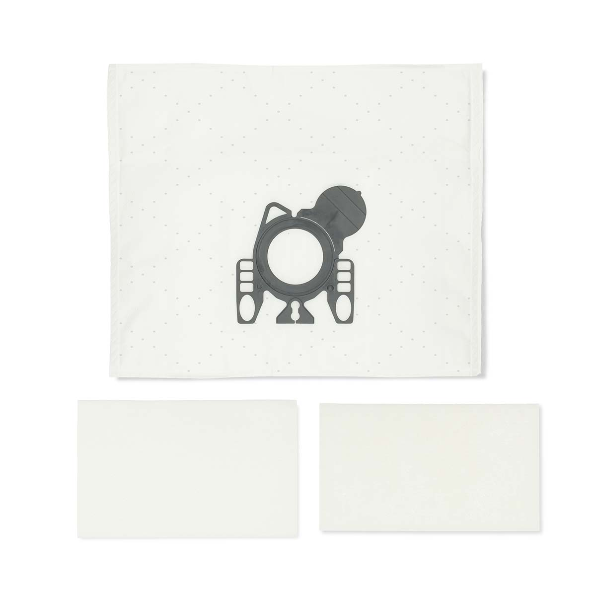 A white vacuum cleaner bag with a gray central component and two white rectangular filters below.