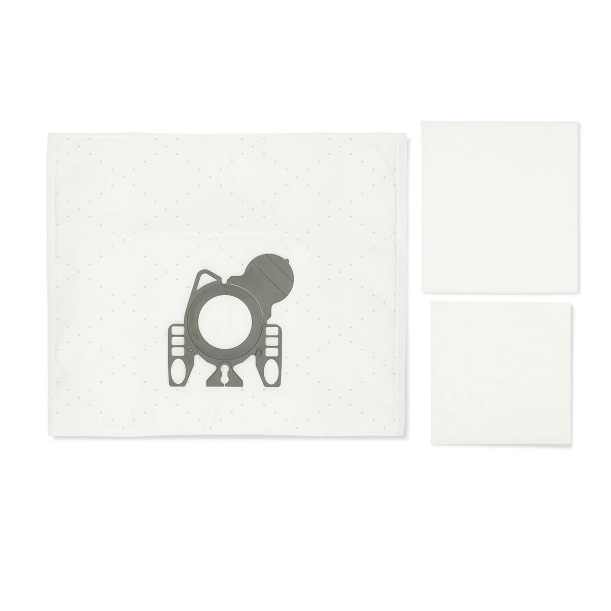 A white vacuum bag with a gray plastic attachment, and two white square filters are on a white background.