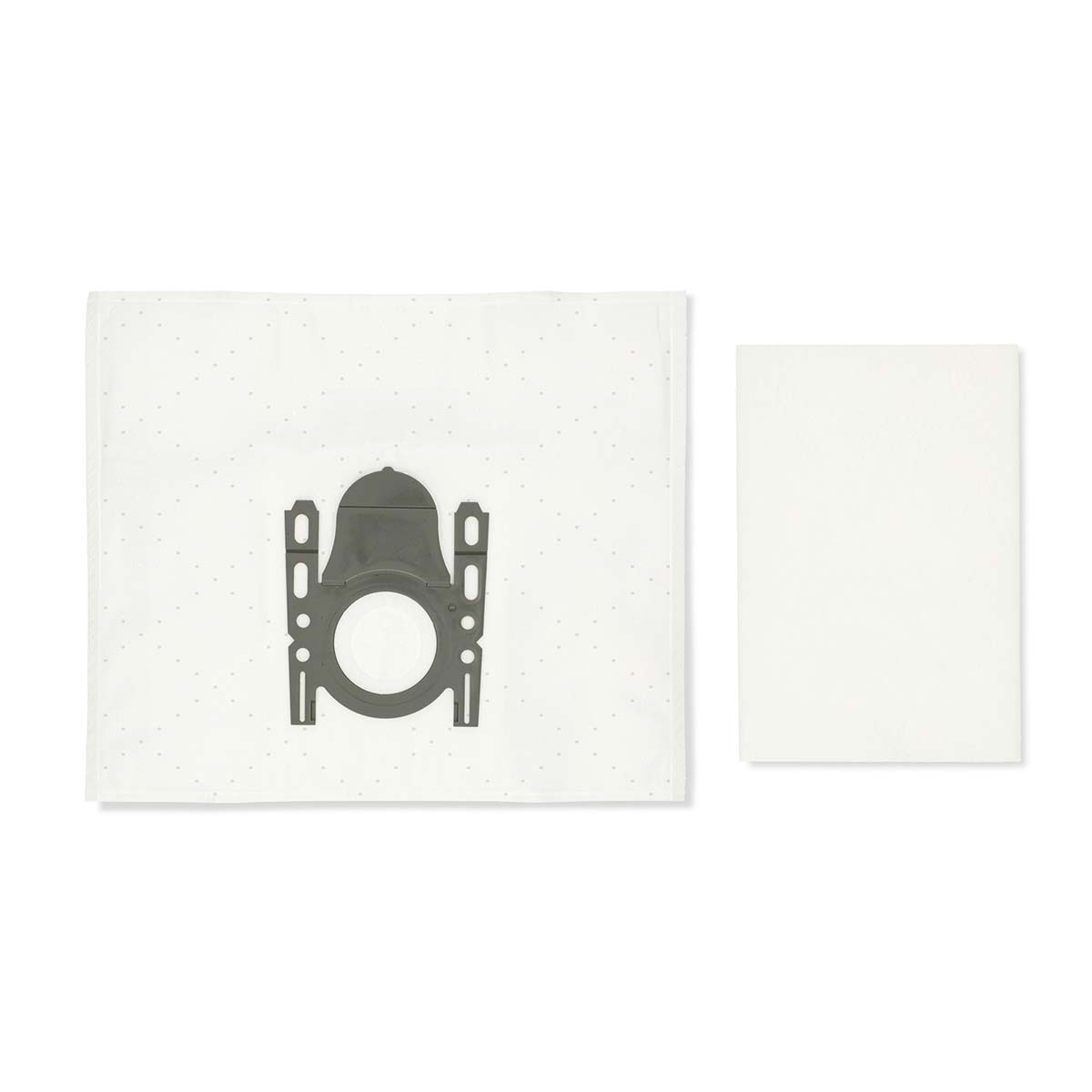 White vacuum bag with gray plastic piece in the middle. A separate white rectangular filter is to the right. The background is white.