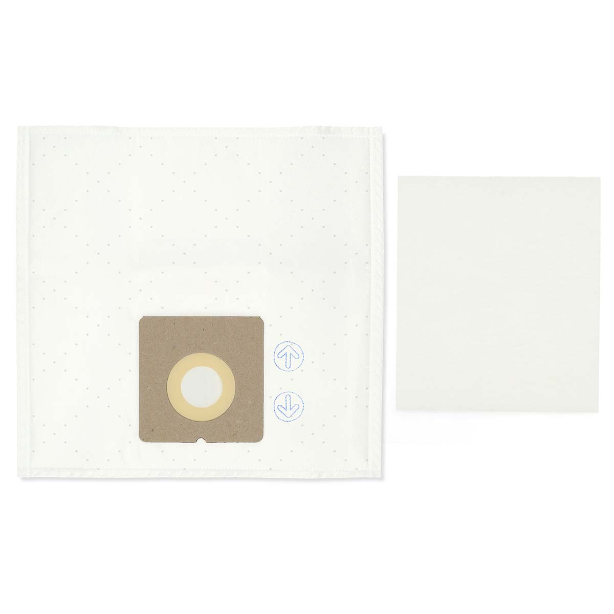 A white vacuum cleaner bag with a brown circular opening. An arrow pointing up and an arrow pointing down are on the bag. A white paper is on the right.