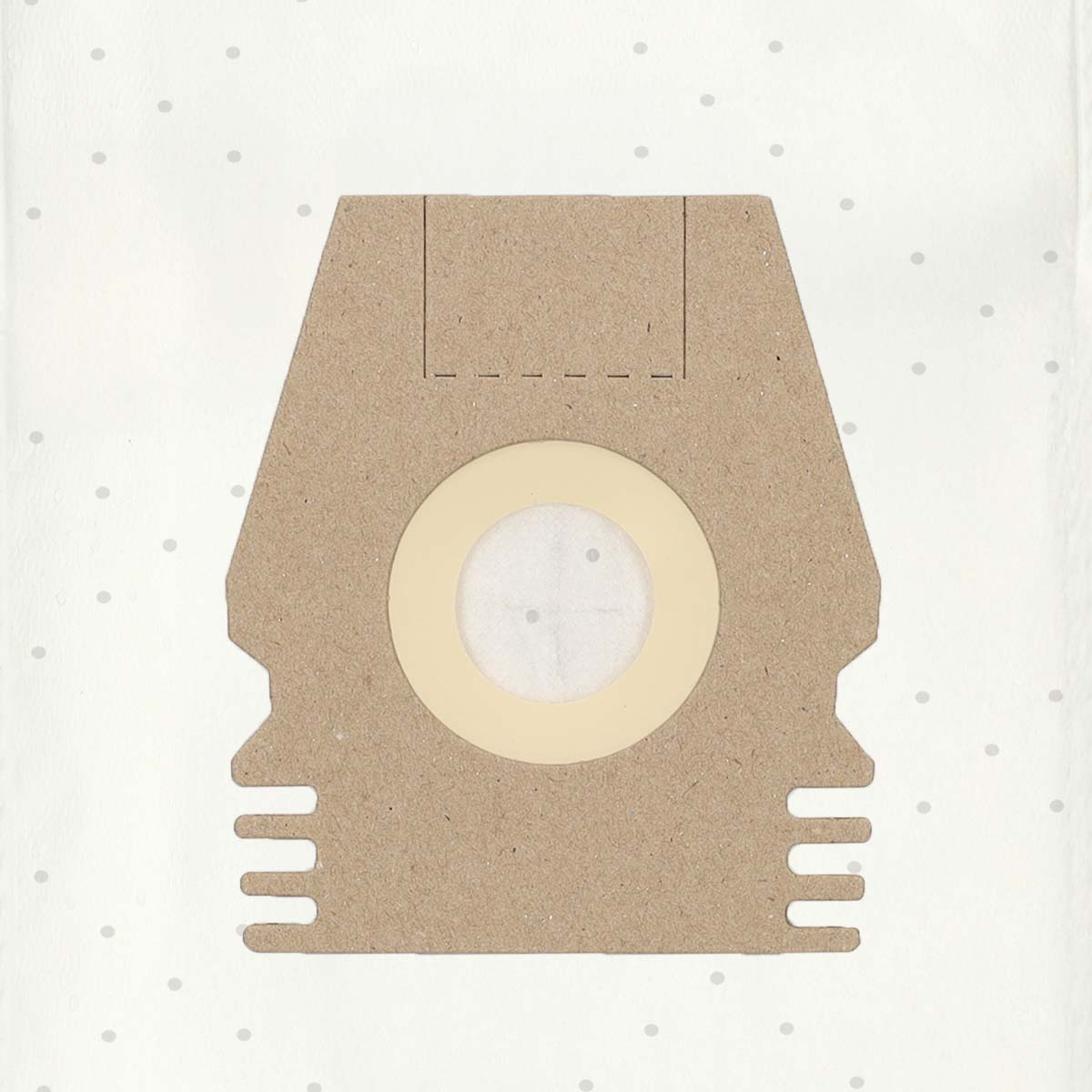 A brown vacuum cleaner bag with a beige circle in the center. It has a rectangular shape with dotted background.