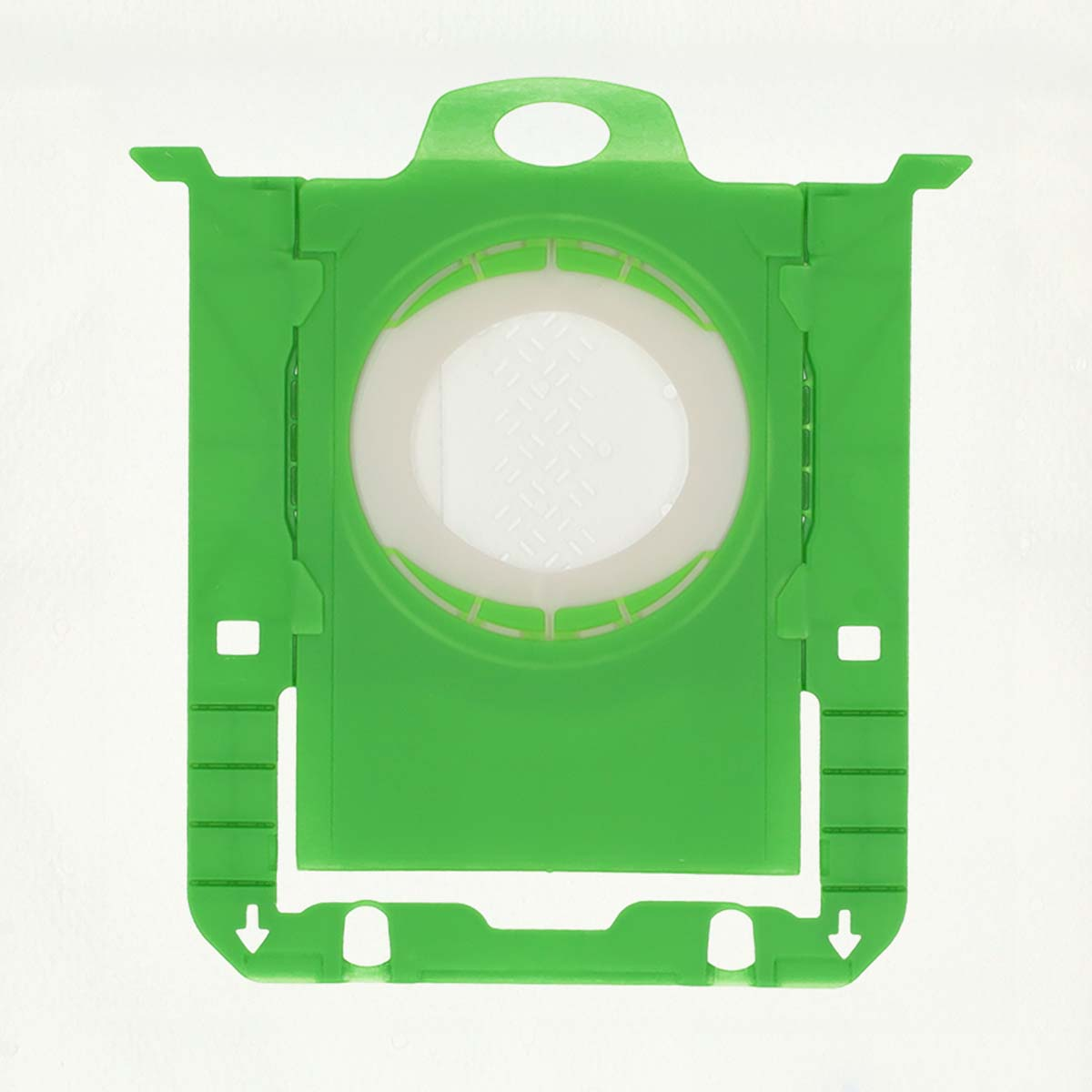 Green vacuum cleaner bag frame. Features a circular opening with a white filter inside. Rectangular shape with arrows.