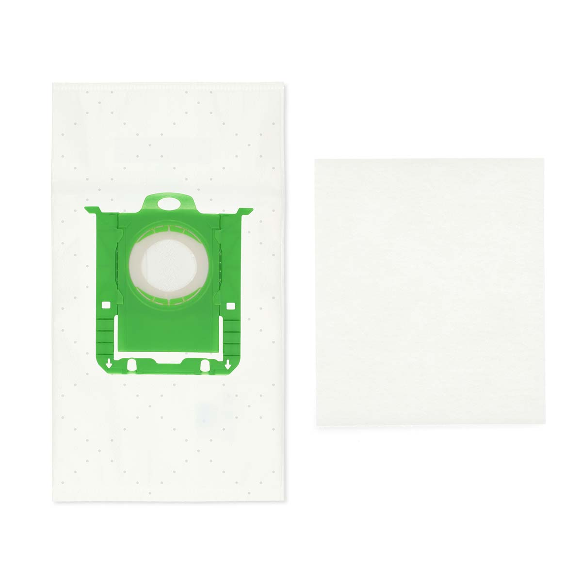 A white vacuum cleaner bag with a green plastic attachment on the left, and a white filter on the right against a white background.
