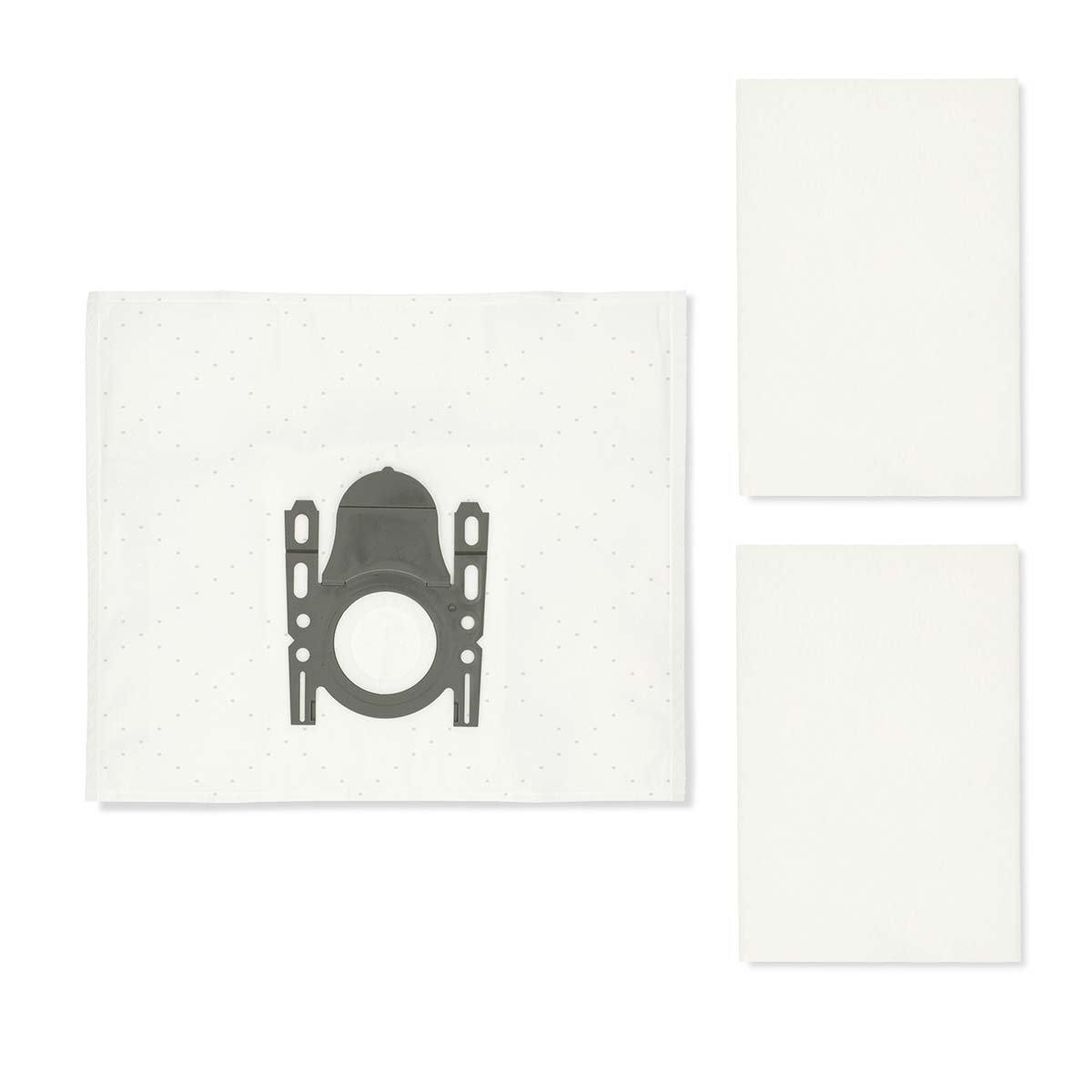 Vacuum cleaner bag and two filter replacements on a white background. The bag has a gray plastic component and white paper.